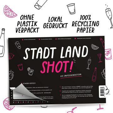 Pihu Spiel, Trinkspiel STADT LAND SHOT, Gedruckt in Deutschland, 100% Recyceltes Papier, Partyspiel