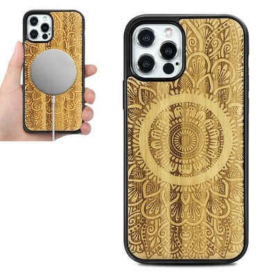 Wigento Smartphone-Hülle Holzfurnier Mandala geprägte Magsafe Hülle Handy Tasche Bambus für Apple iPhone 12 Mini 5.4 Zoll