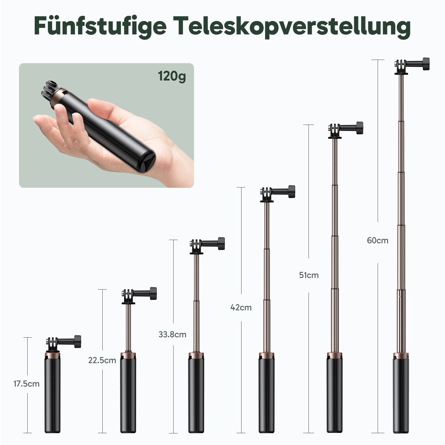 Akaso Action Cam-Halterung Action Cam Selfie-Stick ausziehbar bis 60cm, (1-tlg., 17.5-60cm, Kompatibel mit AKASO, GoPro & DJI) – Bild 2 von 5