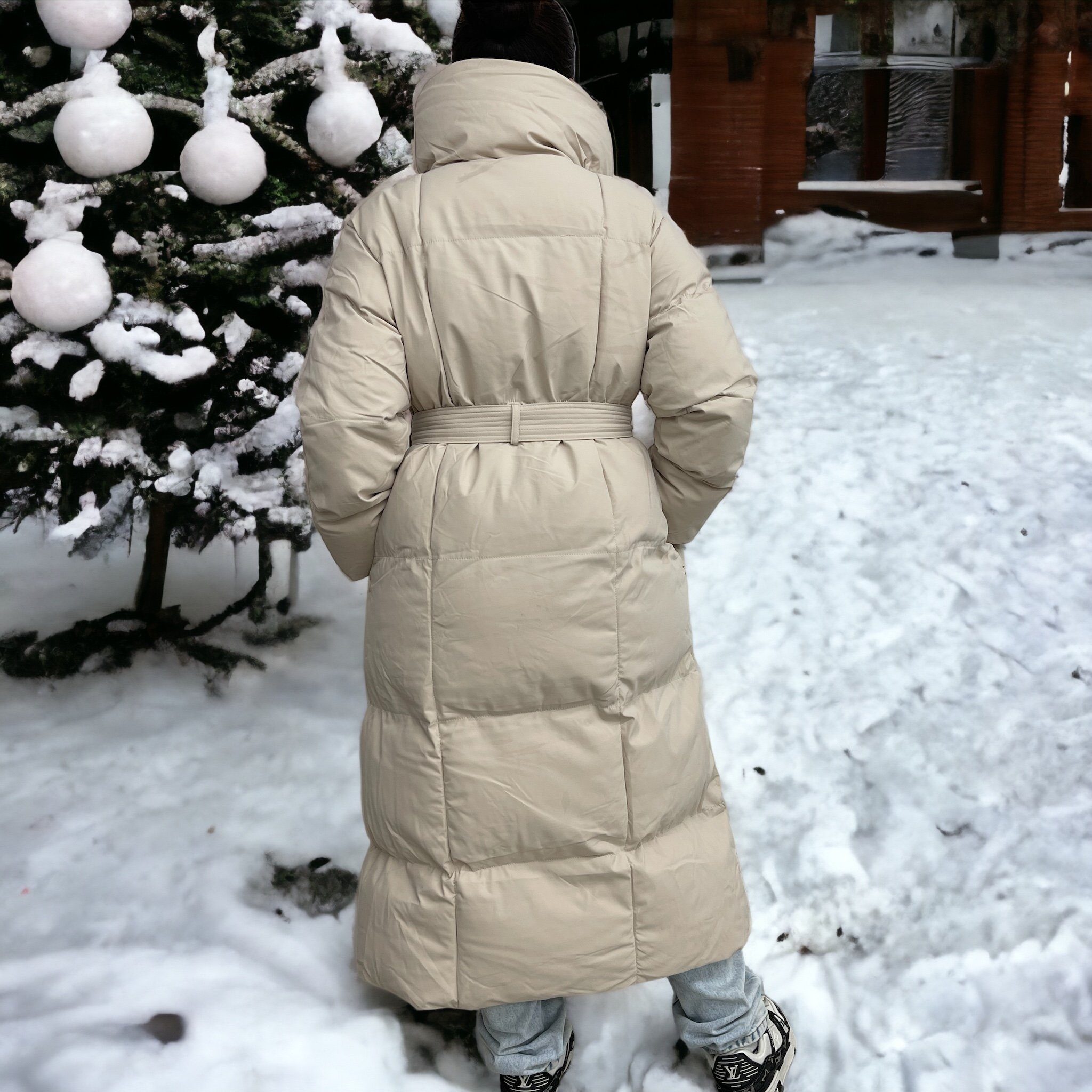 Unifarben Beige Steppmantel mit Mantel, mit lang HELLO Stehkragen, MISS Modisch Winter Winterjacke Puffer Parka Bindegürtel,