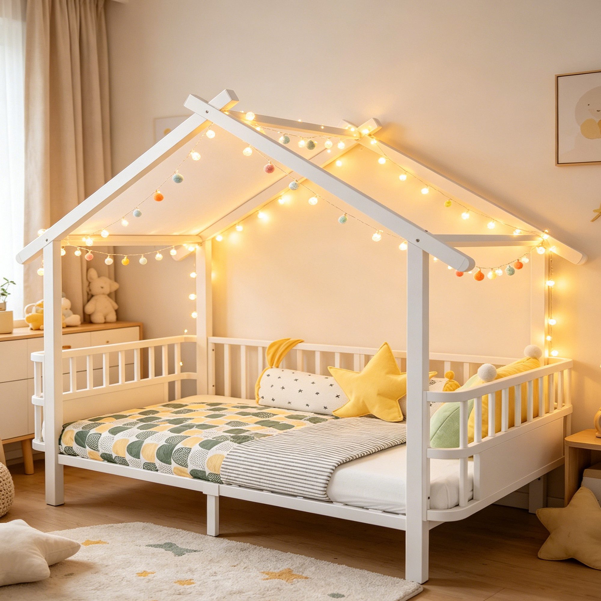 STILVORA Kinderbett 90×200 mit Sicherheitsgitter Funktionbett Bettgestell, ohne Matratze (Hausbett, Metallrahmen, Dachdesign, Halboffene Seitengitter, robust, individuell dekorierbar), Für Kinderzimmer, Spielzimmer, Jugendzimmer