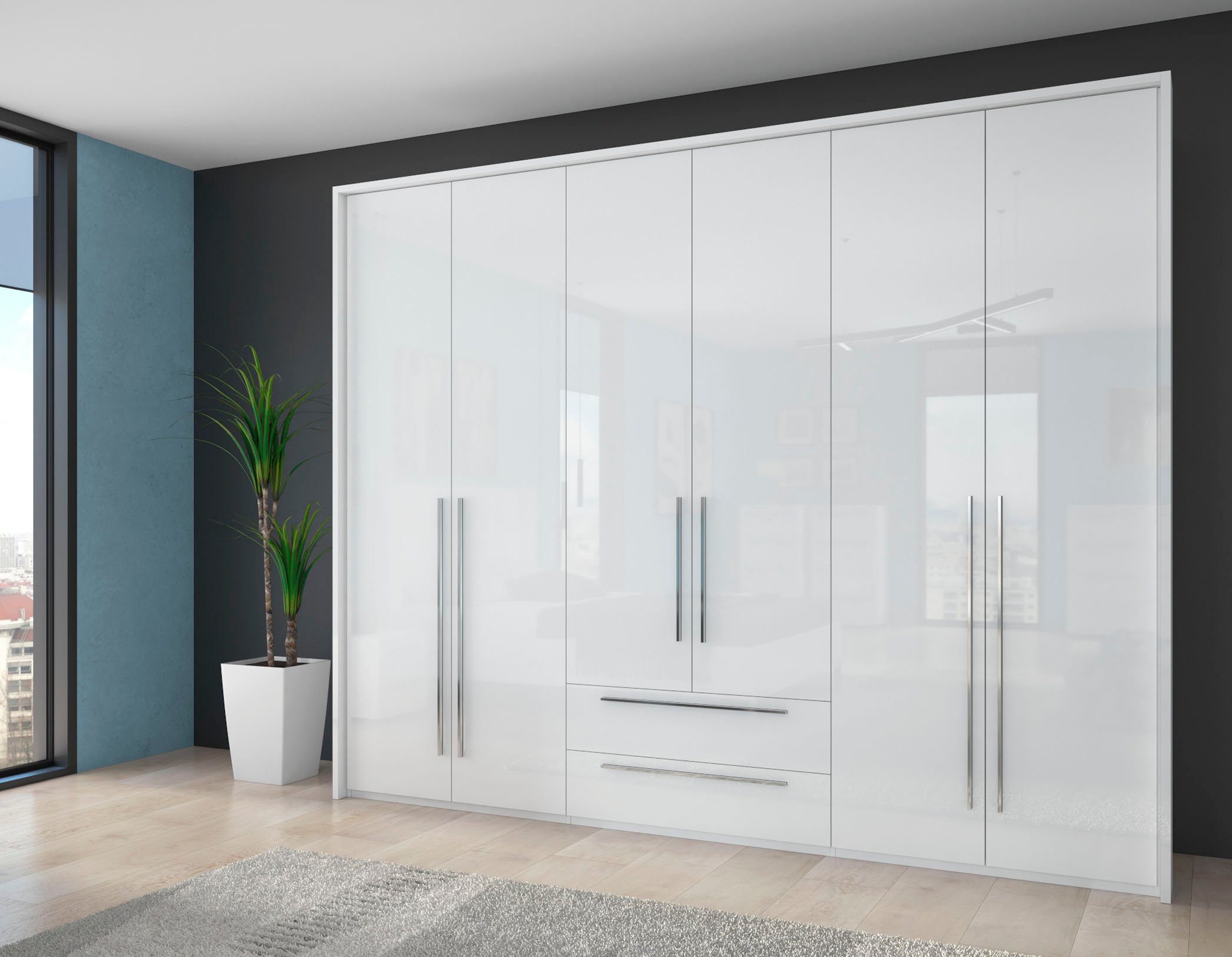 OTTO home Drehtürenschrank Piano, inklusive Rahmen und Beleuchtung, soft-close-Funktion (viele Breiten zur Auswahl, 226cm hoch, mit jeweils 2 Schubladen) beige oder weiß, UV lackiert, Hochglanzfronten, FSC-zertifiziert
