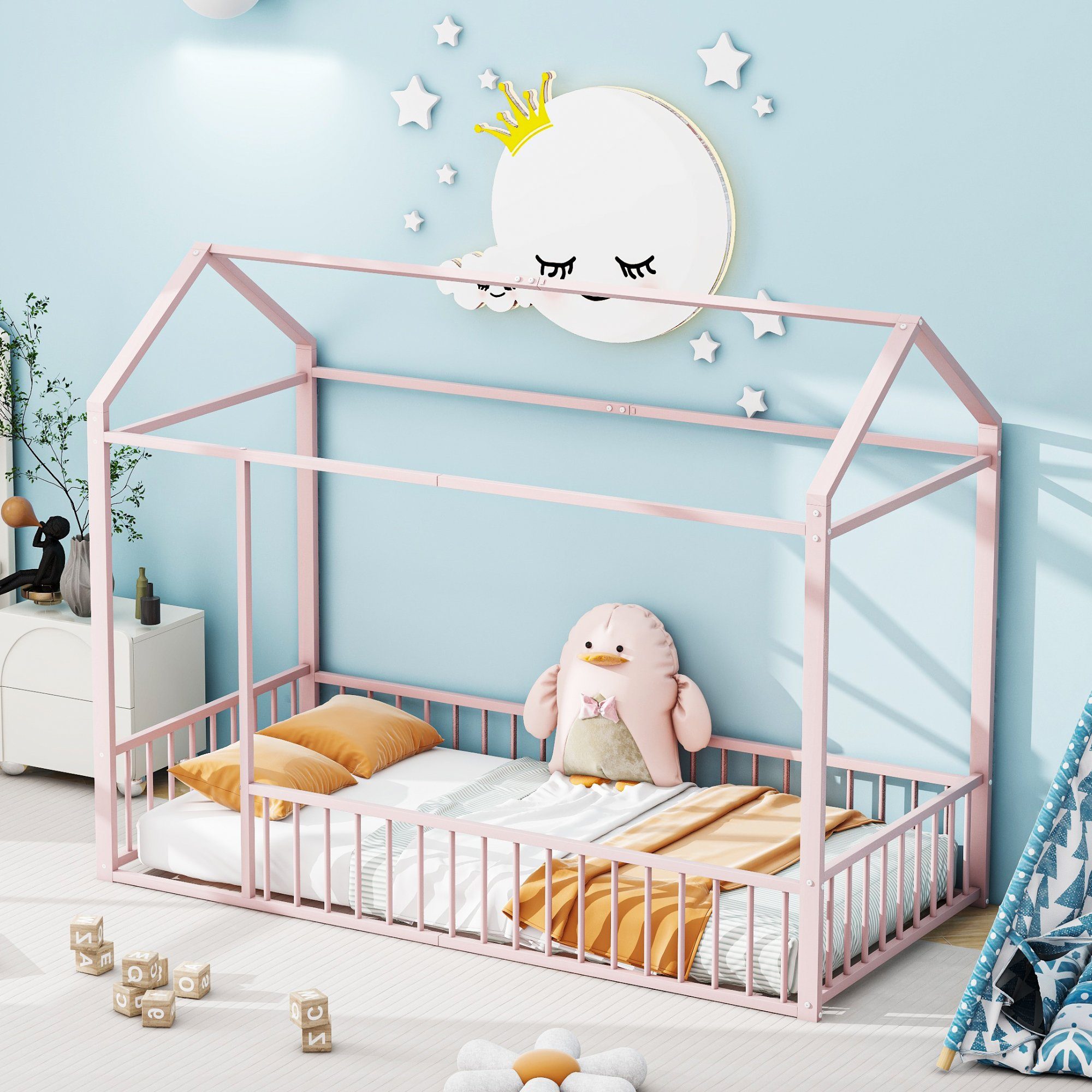 REDOM Metallbett Kinderbett Tagesbett Metal, Hausbettrahmen mit Zaun für Kinder (90 X 200 cm), ohne Matratze rosa