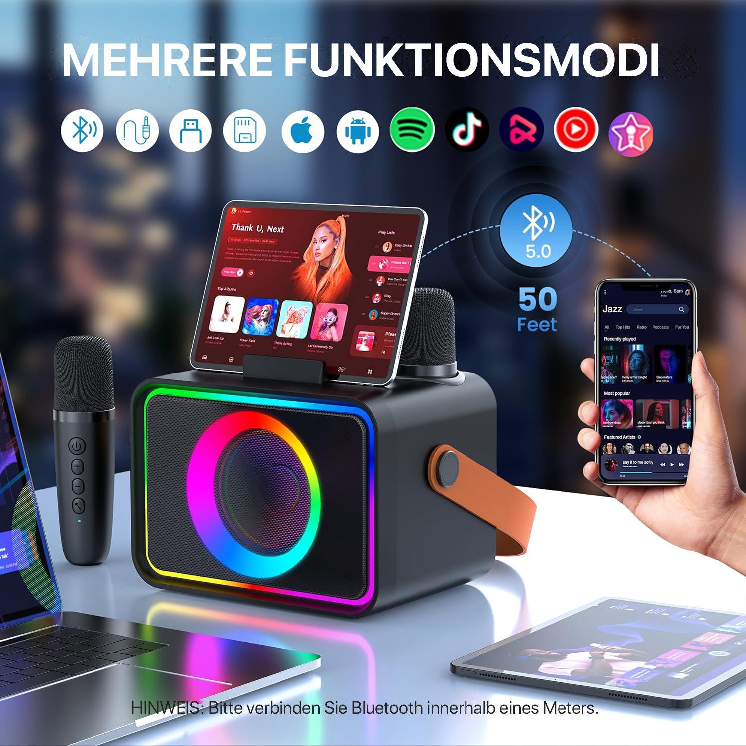 ANYSUN Karaoke Maschine mit 2 Karaoke Mikrofonen, Tragbare Karaoke Box Bluetooth-Lautsprecher (Party-Lautsprecher, Karaoke-All-in-One-Maschine, mit Lichteffekte – Bild 5 von 5