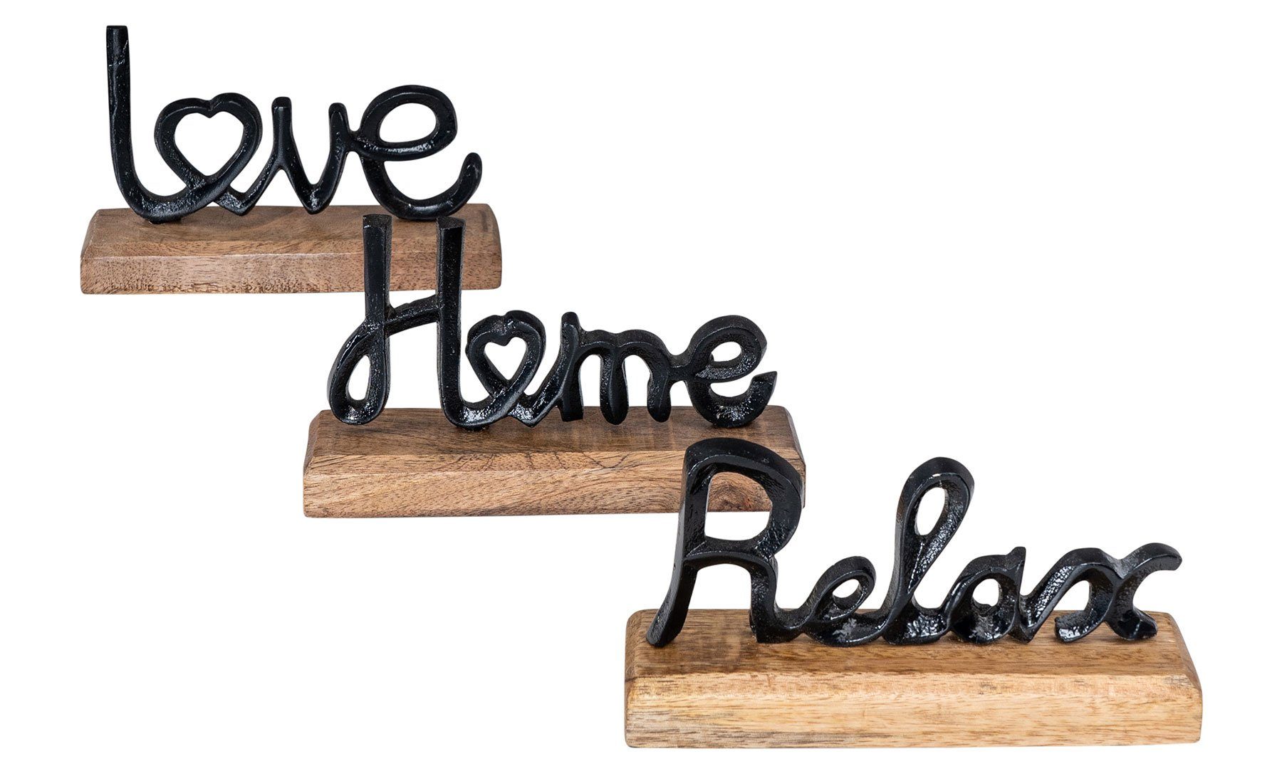 Home Holz 3er Mango Metall Schriftzug Relax Levandeo® Love Schwarz Set Deko-Schriftzug,