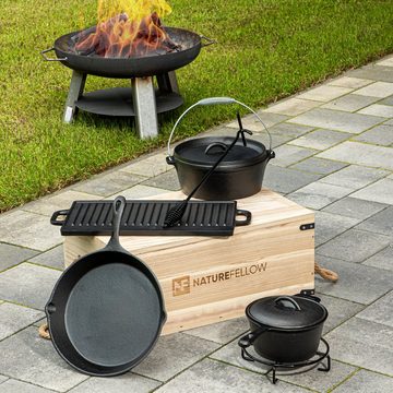 Haushalt International Holzkohlegrill 10-teiliges Dutch-Oven-Set, – viel Zubehör – inkl. Grillhandschuh, – Gusseisen – bereits eingebrannt