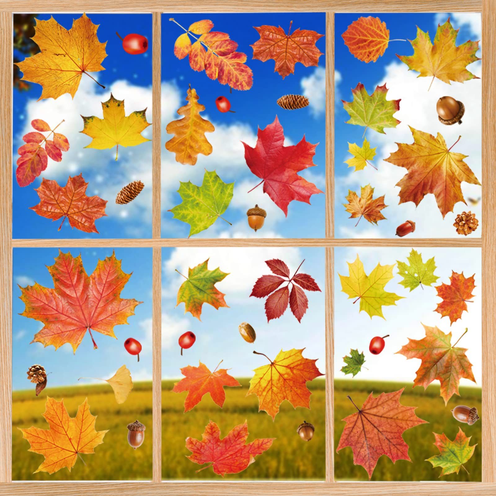 FOUORTUNATE-BEE Fenstersticker 6 Stück Herbstdeko Fensterbilder mit Ahornblättern und Maronen, Selbstklebende Fenstersticker für Herbst- und Erntedankfest