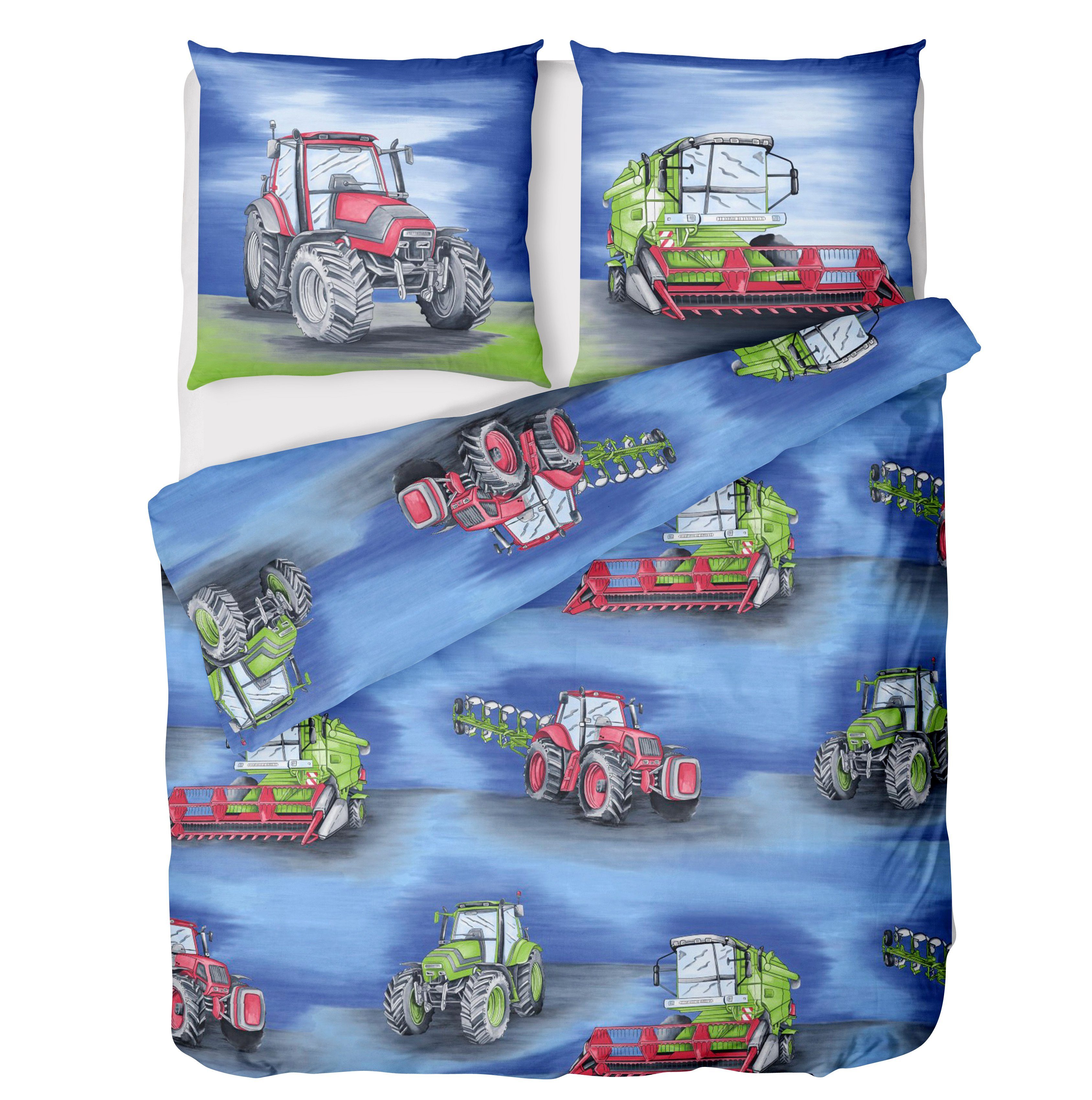 LINKHOFF Kinderbettwäsche Traktor Bettwäsche 135x200 für Jungen 2tlg. – Traktoren & Mähdrescher, Biber Bettwäsche-Set, Trecker Kinderbettwäsche, 100% Baumwolle