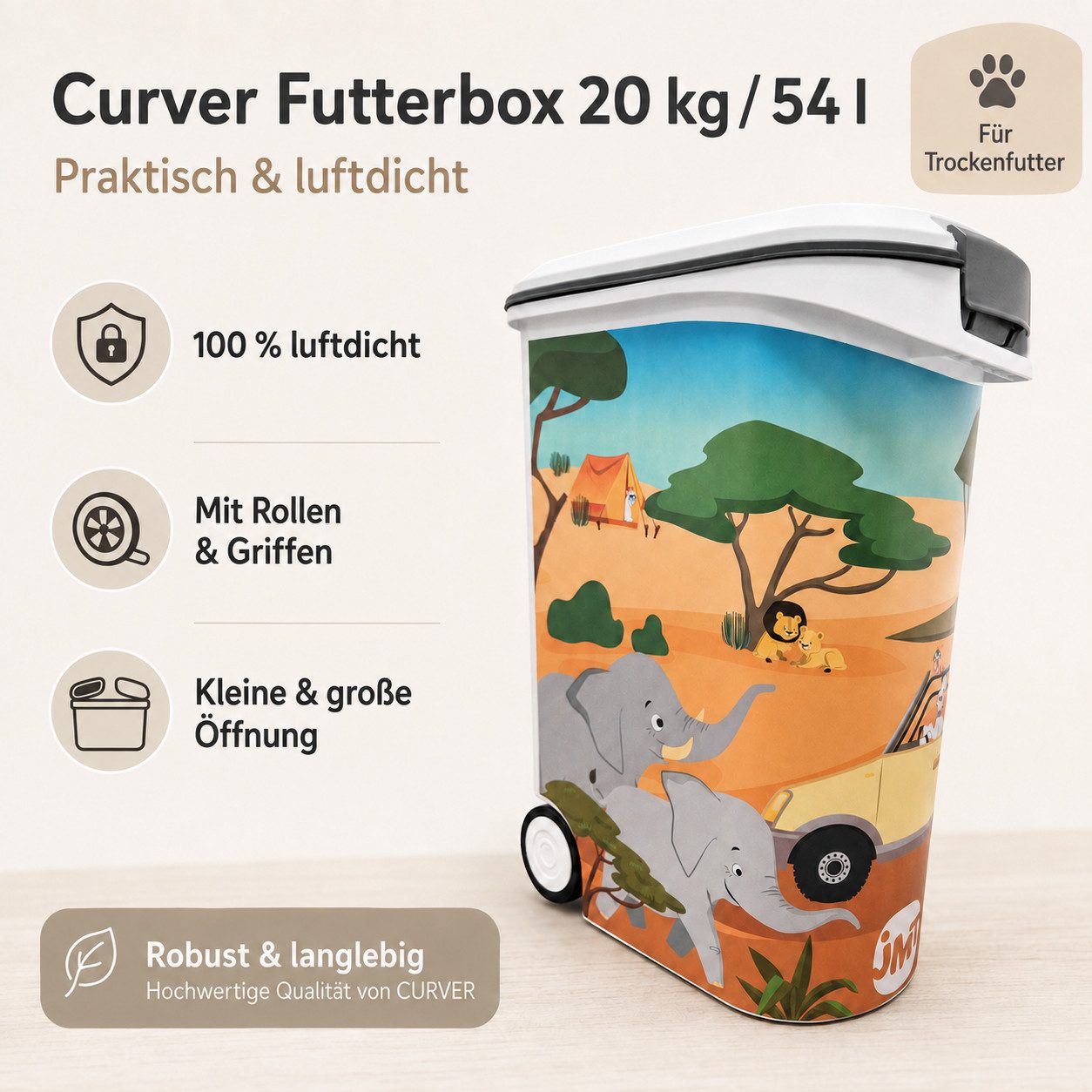 Curver Futterbehälter Futterbox Hundefutter Katzefutter Aufbewahrung 20 kg/54L, Hundefutterbox Hundefutterbehälter Tierfutterbehälter Futtercontainer