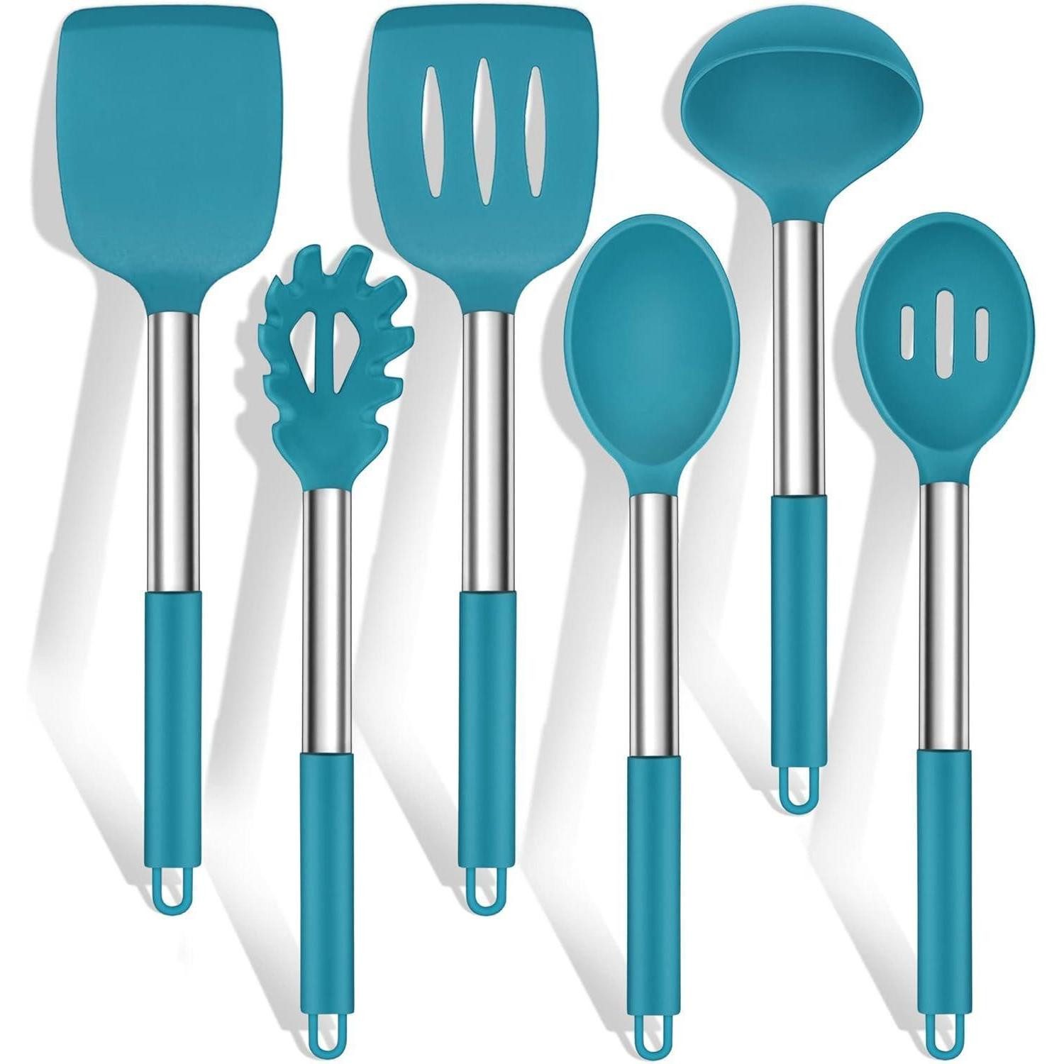 Kochbesteck-Set Kochlöffel Set 6er Silikon Edelstahlgriff Spülmaschinenfest Blau
