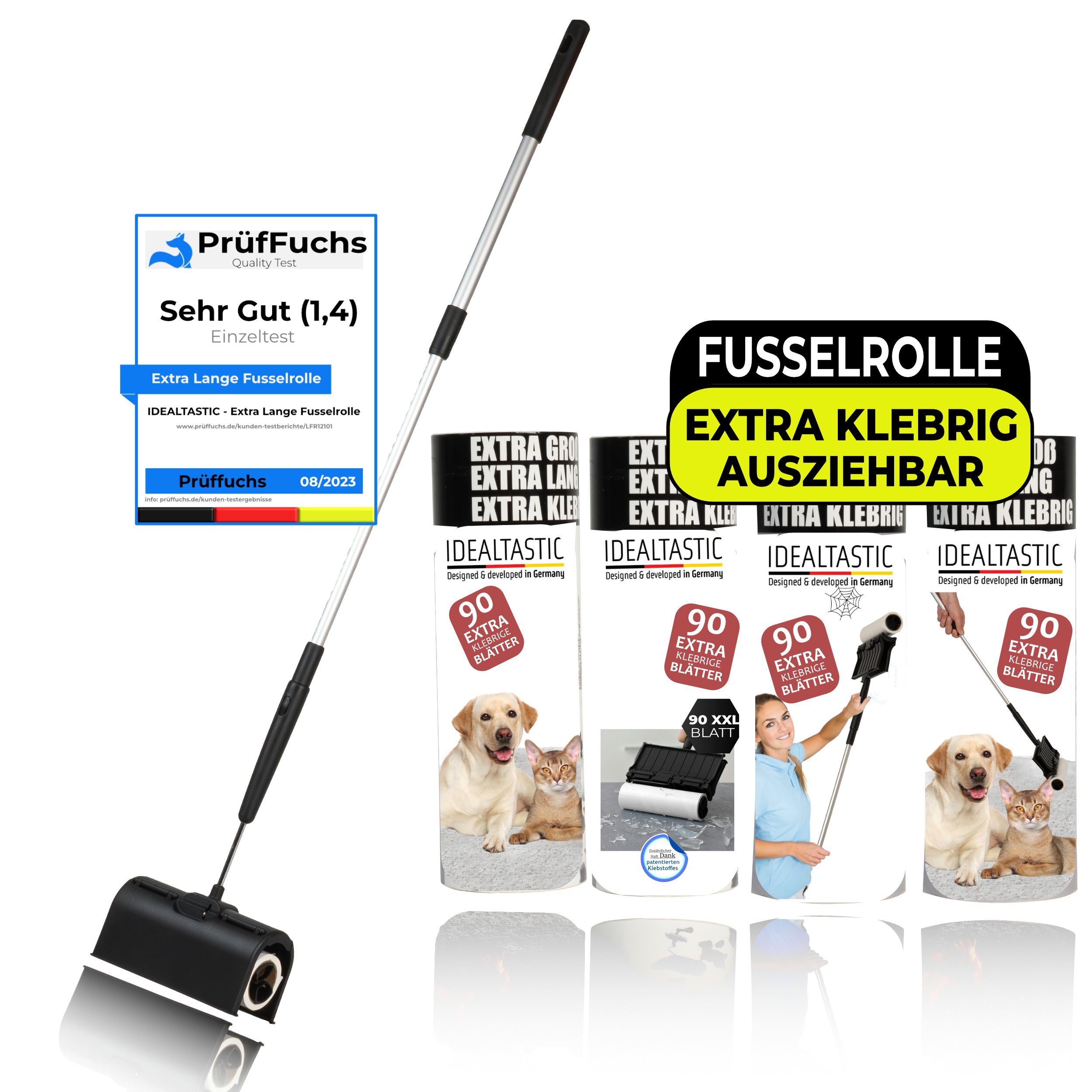 IDEALTASTIC Fusselroller Ausziehbare XXL Fusselrolle Tierhaare & Kleidung Fusselentferner, XXL Fusselrolle für Kleidung & Tierhaare, 4x90 Blatt