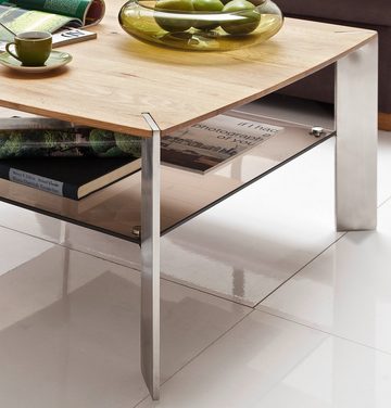 MCA furniture Couchtisch Nelia (Wohnzimmer Tisch 120x70 cm, Edelstahl), Asteiche massiv, mit Ablage