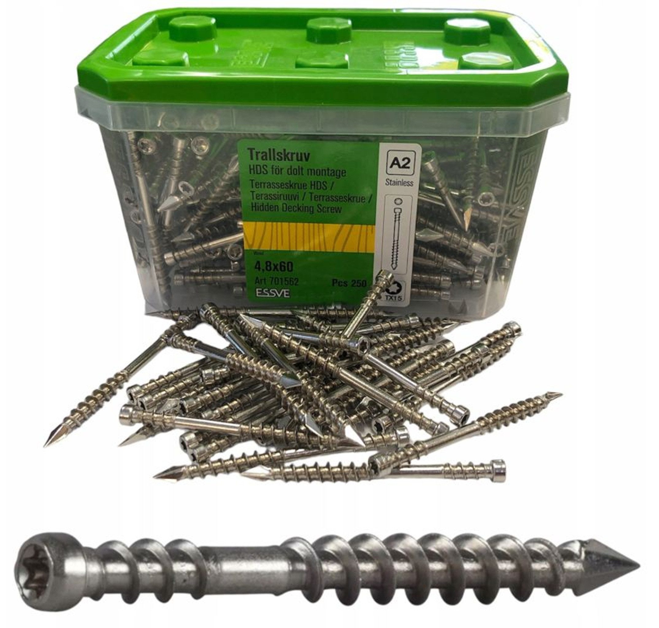 ESSVE Terrassenschraube ESSVE HDS A2 Edelstahl verdeckte Montage 4,8 x 60 mm 250 St., (250 St)