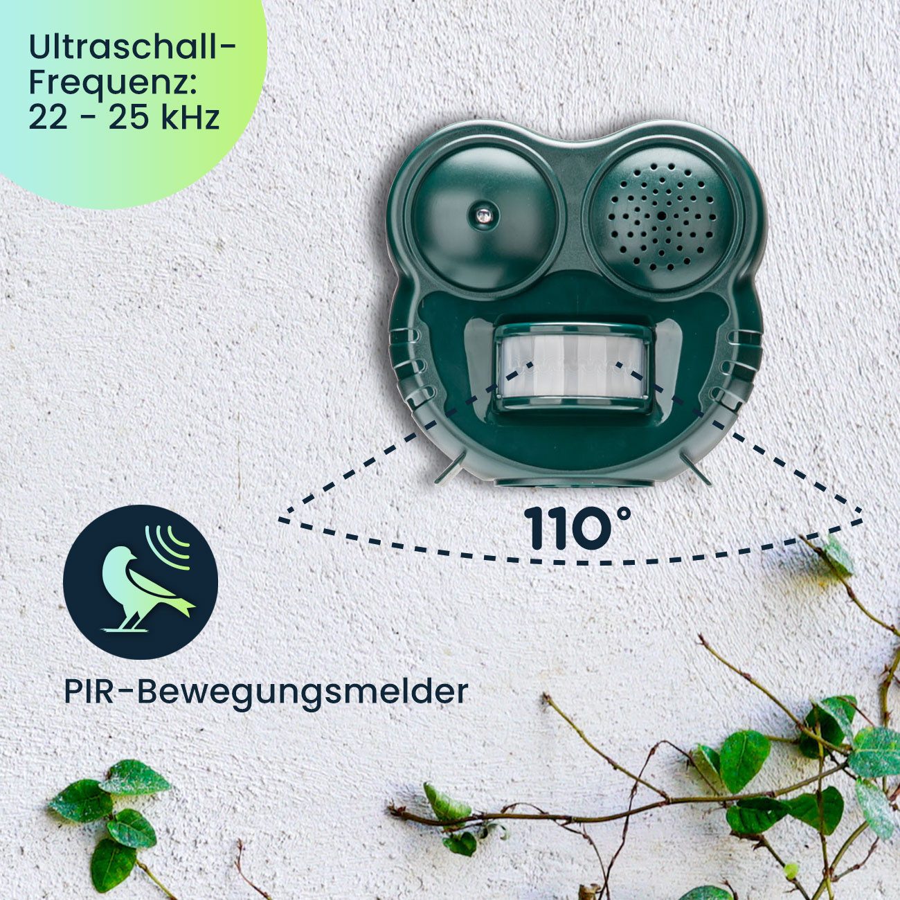 Casativo Ultraschall-Tierabwehr Tiervertreiber LED-Blitzlicht & PIR-Sensor 70 m² 2in1 Tierschreck, 2-tlg., PIR-Sensor 110° Winkel ca. 8 m Reichweite, Licht & Ul – Bild 5 von 5