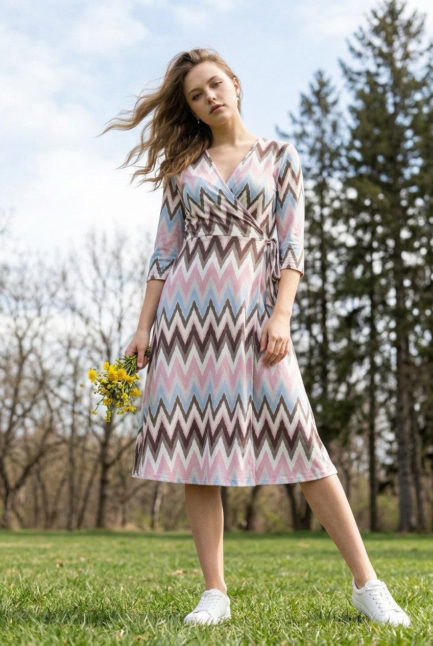 Zuckerwatte Druckkleid 25266 all over Printkleid aus Viskose Stretch mit V-Ausschnitt