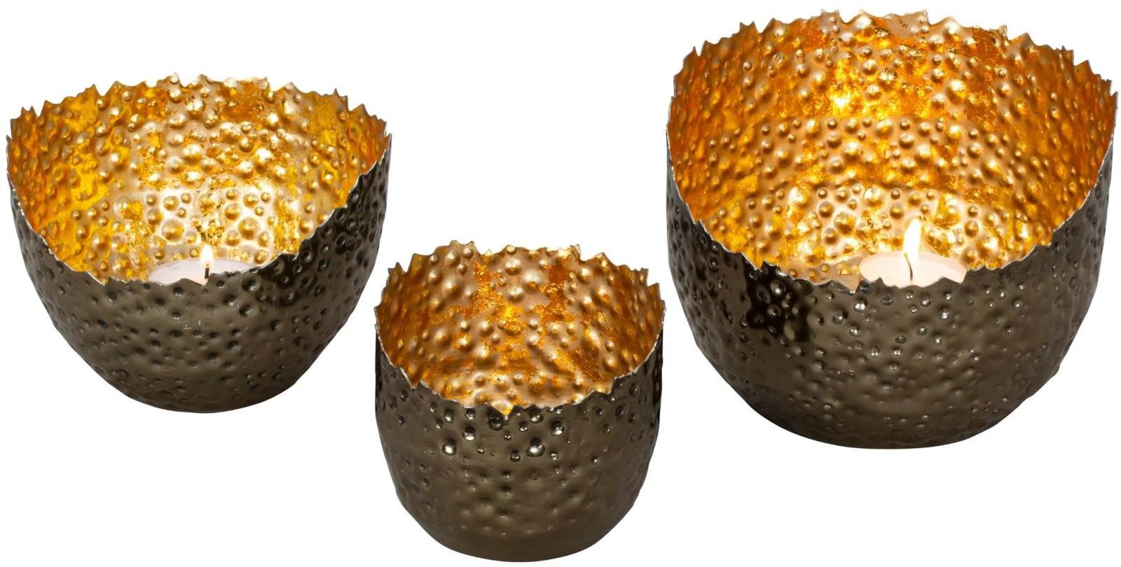 Geschenkestadl Teelichthalter 3-teiliges Teelichthalter Set – Dekoschalen Dunkelgrau & Gold Metall (Spar-Set, 3 St., ideal für Teelichter, Dekosteine, Kugeln, kleine Pflanzen, etc), individuell einsetzbar