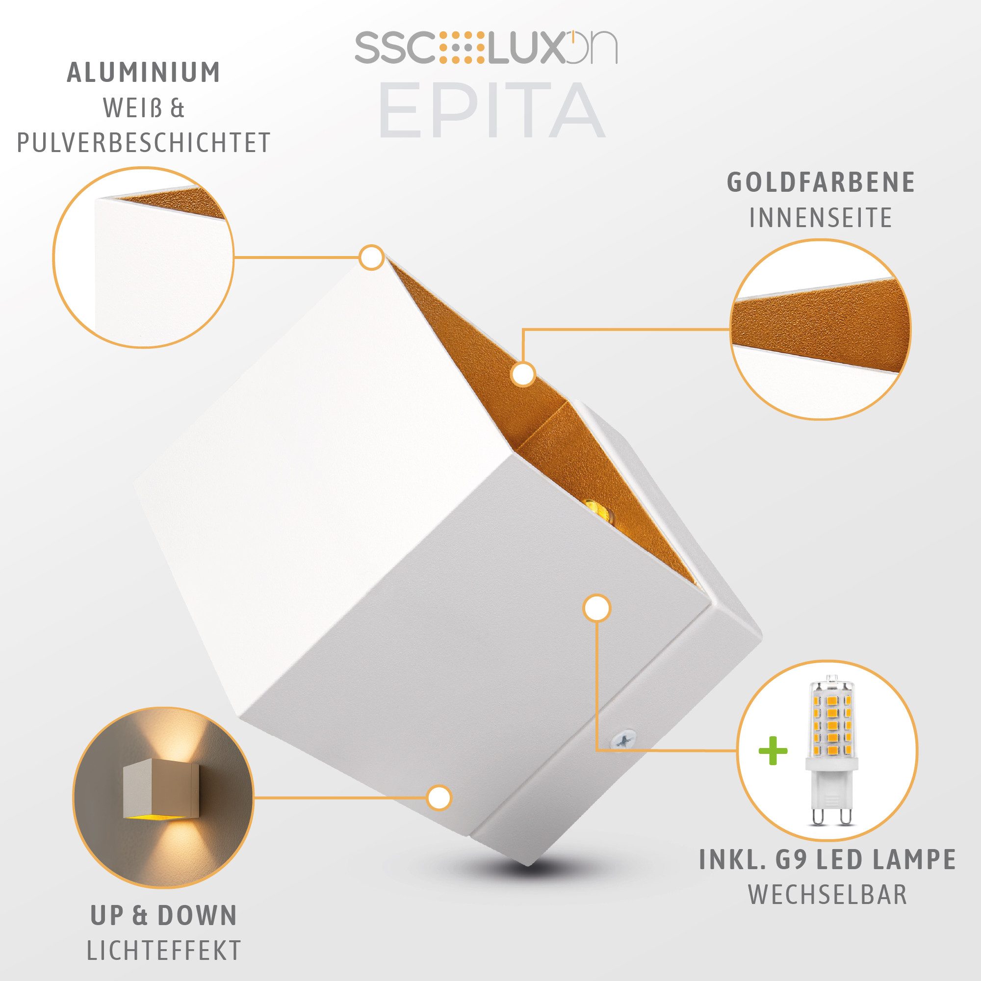 SSC-LUXon LED Wandleuchte EPITA Wandaufbauleuchte weiß gold Up Down mit G9 Lampe 3W, Warmweiß