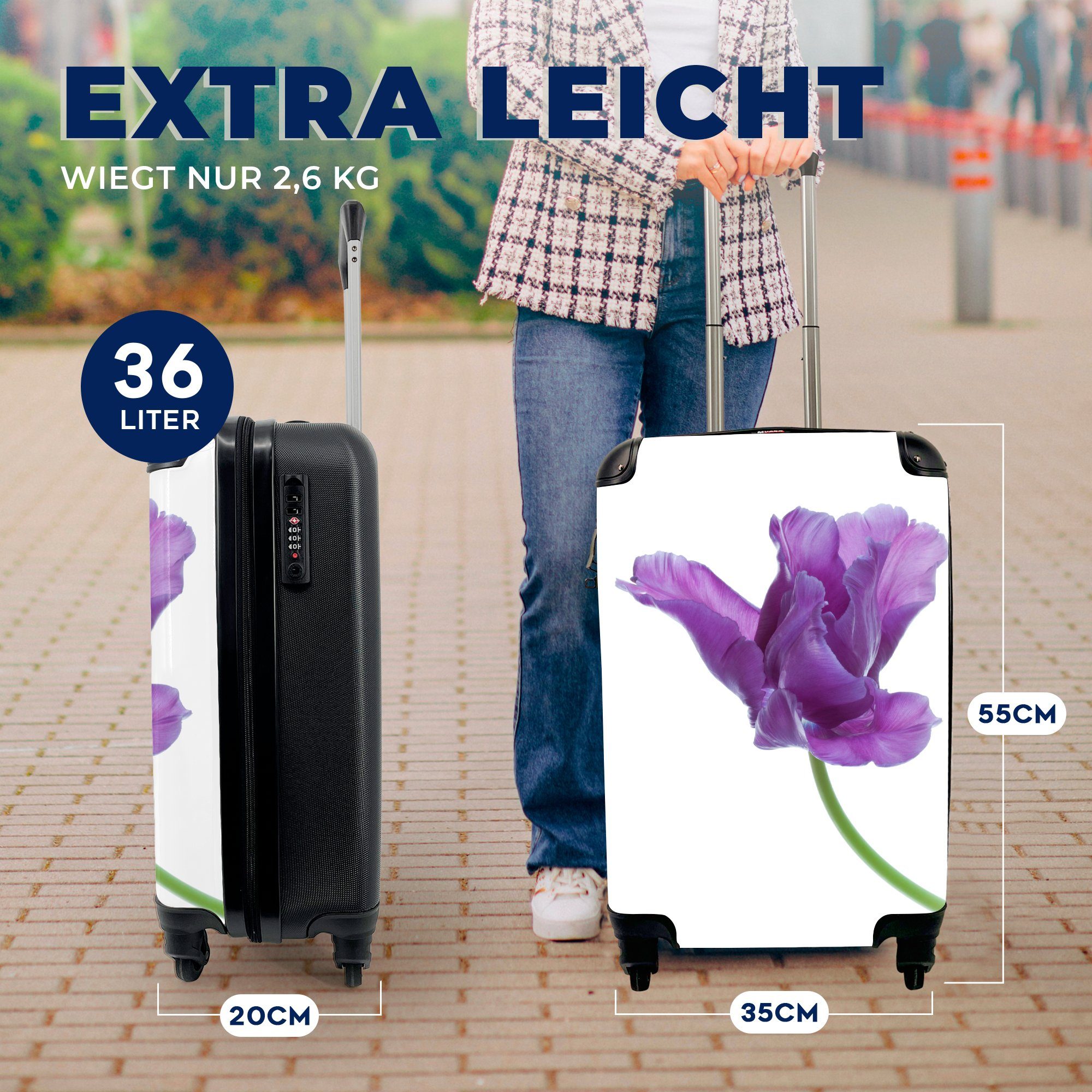 MuchoWow Handgepäckkoffer Lila Tulpe mit Trolley, Reisekoffer 4 rollen, für Ferien, Hintergrund, Rollen, weißem Reisetasche auf Handgepäck