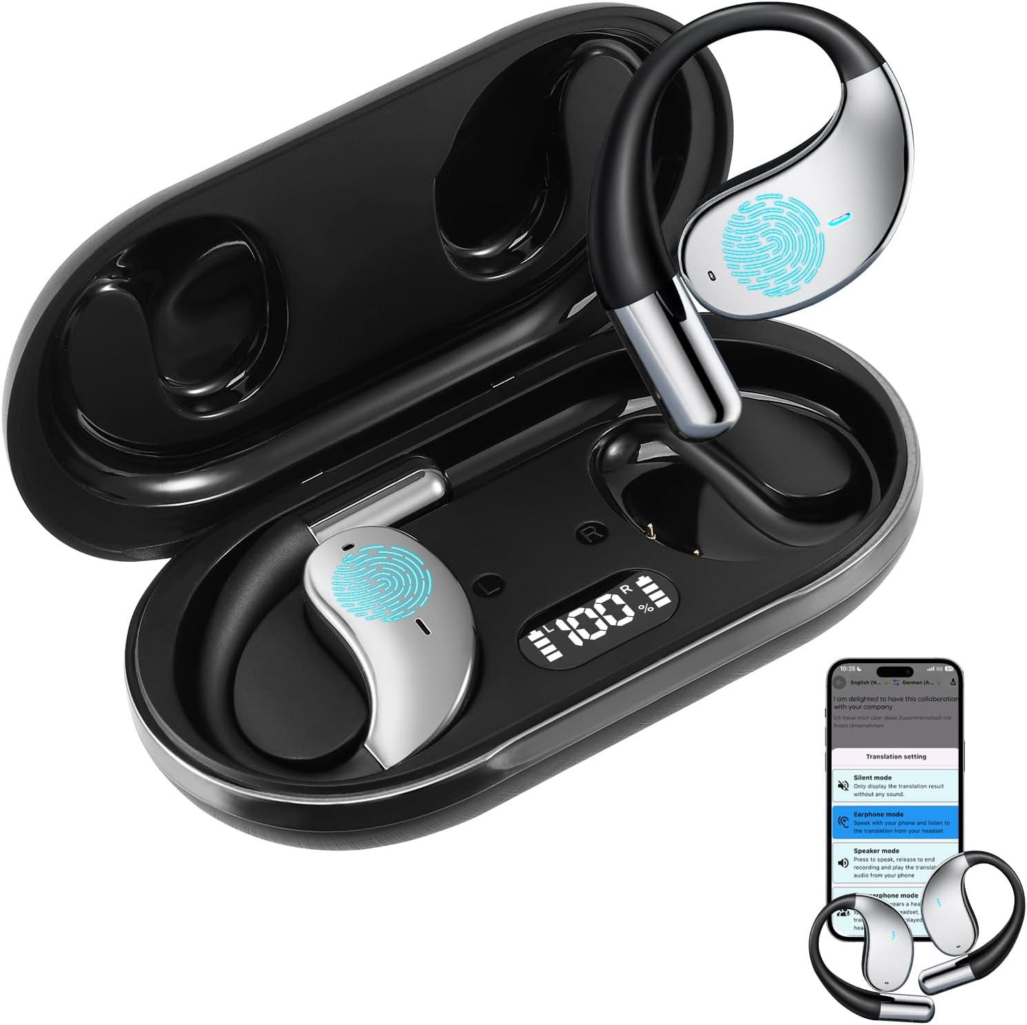 Forrlite In Ear Ohrhörer, Sprachübersetzer Kopfhörer AI Übersetzungskopfhörer Open-Ear-Kopfhörer (3-in-1 Sprachübersetzer Kopfhörer, Bluetooth 5.4 Sport-Kopfhörer, für Übung, Büro und Langzeitgebrauc, Bluetooth Kopfhörer)