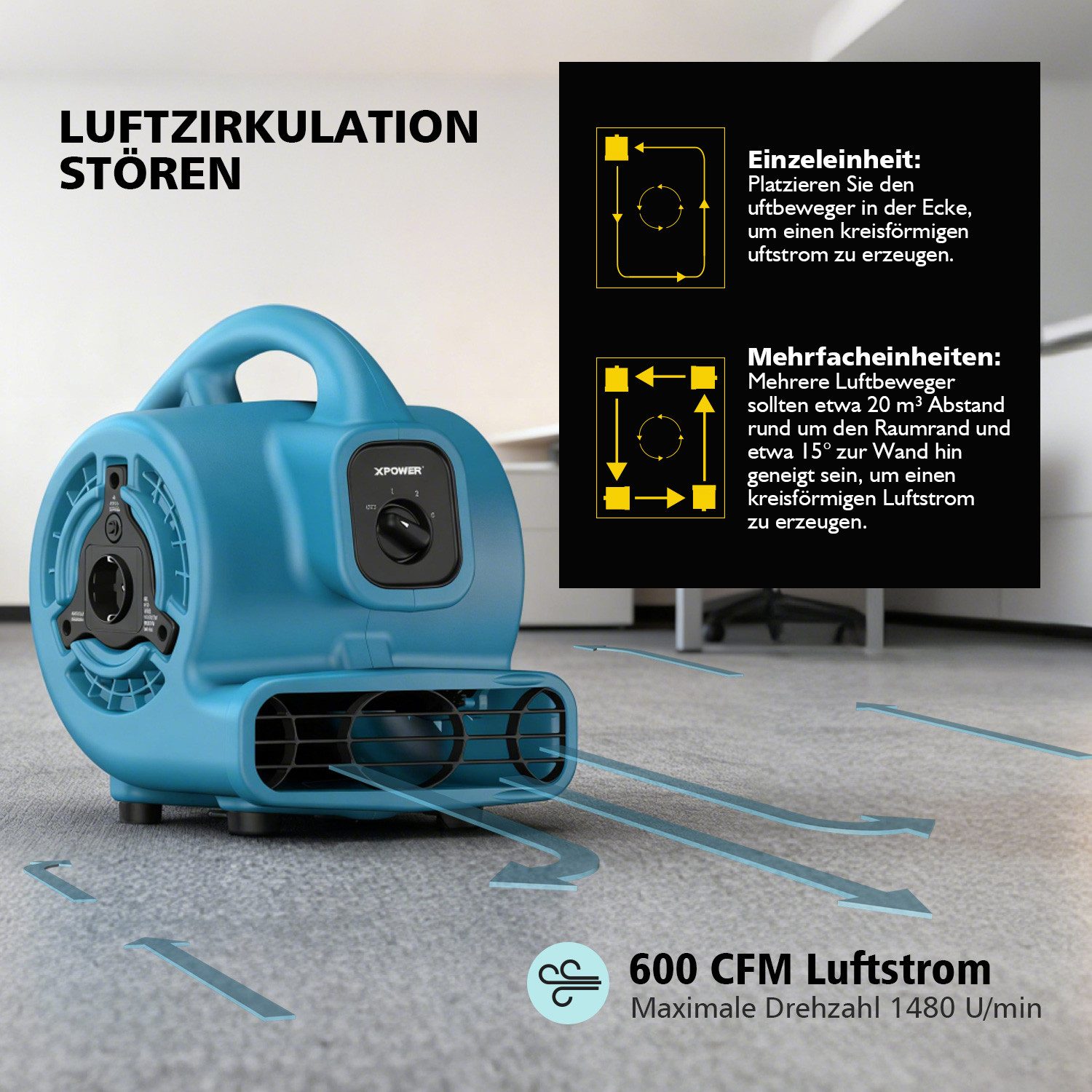 XPOWER Standventilator Bodenlüfter Turbolüfter Ventilator Trockner Bodenventilator Fußbläser, P-80A,29.2x23.6x31.2cm, TRAGBAR, SCHNELLER PUMP, Einfache Bedienung