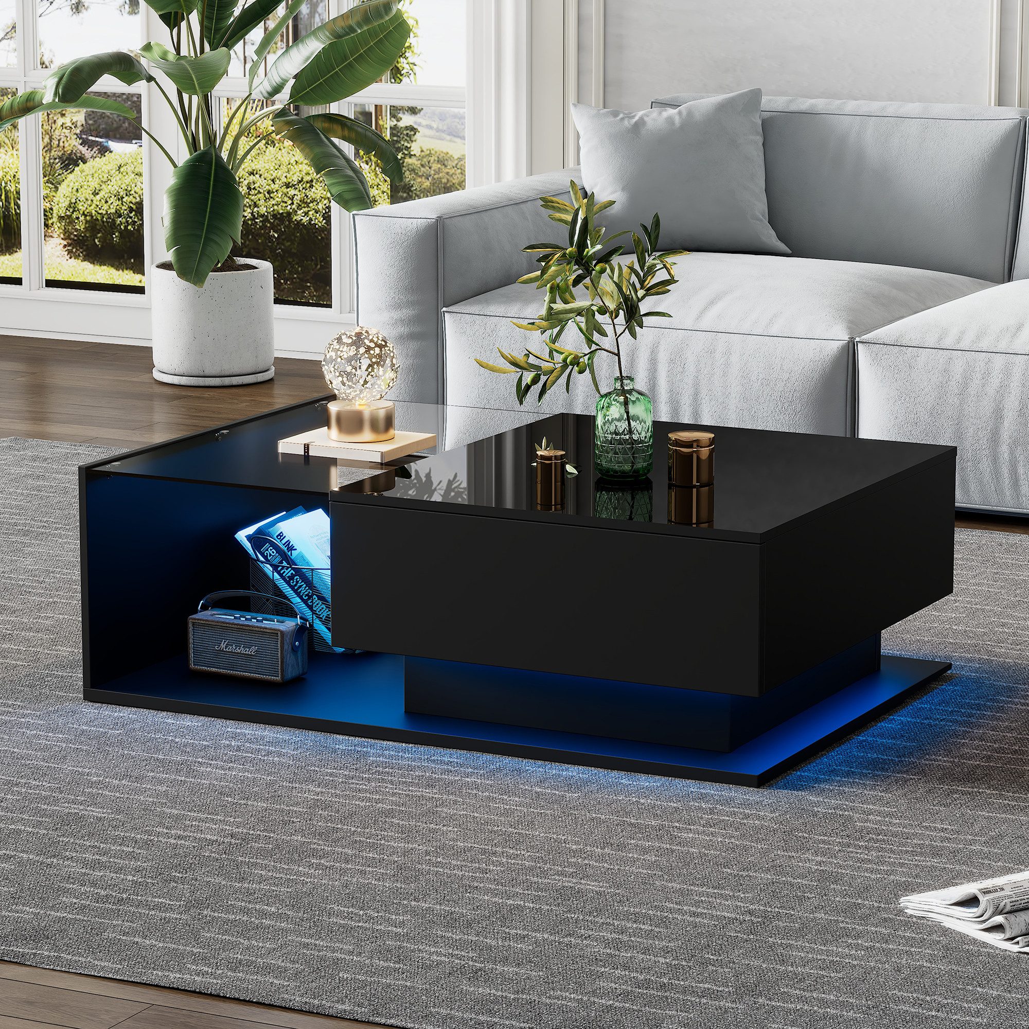 Merax Couchtisch mit Glastischplatte und Schublade, Beistelltisch Hochglanz mit LED inkl. APP, Wohnzimmertisch