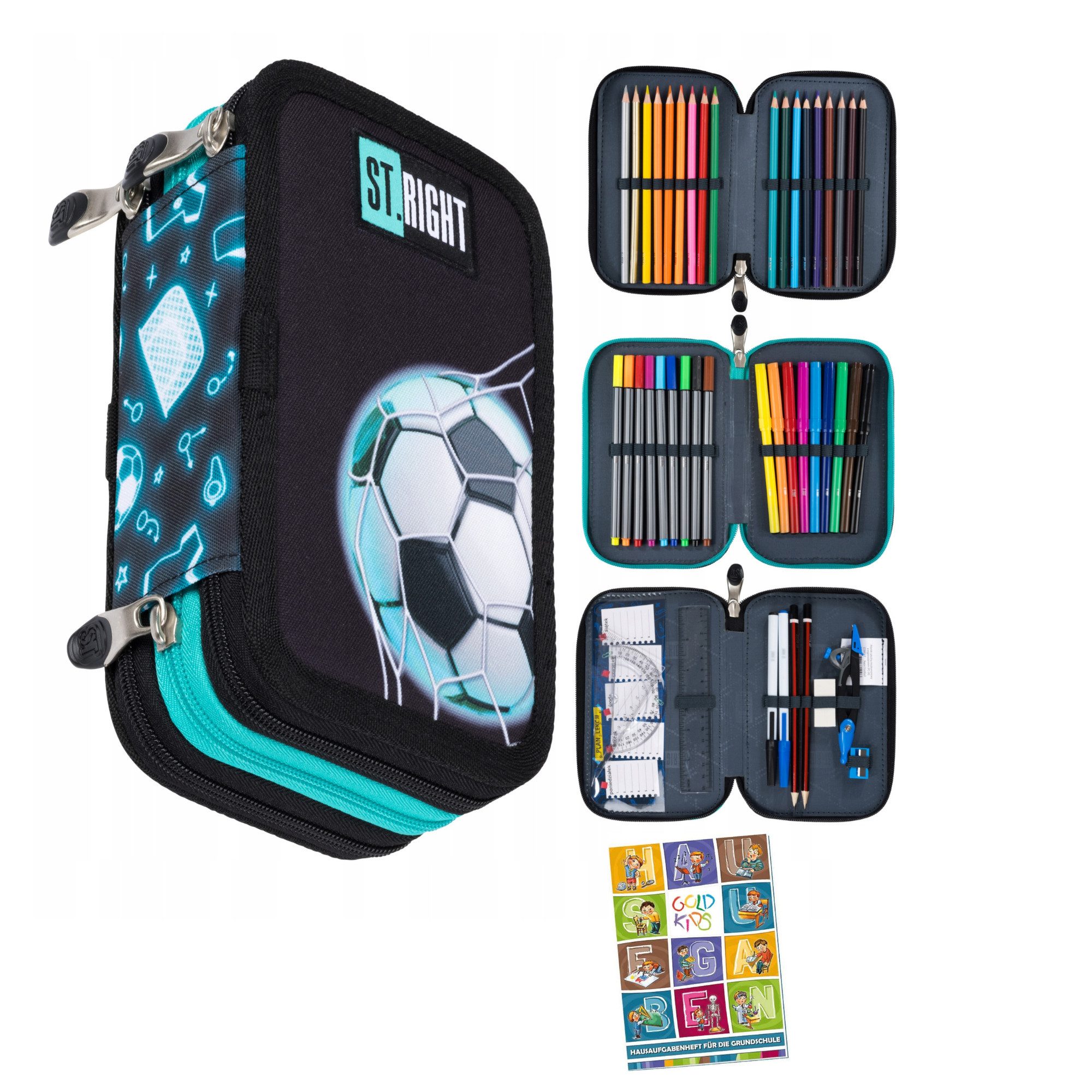 GOLDKIDS Federmäppchen 3 Fächer - Mäppchen für Mädchen und Jungen -, (Federmappe 3-Fach Federtasche, 46-teilig Gefüllte Schüleretui), Hausaufgabenheft