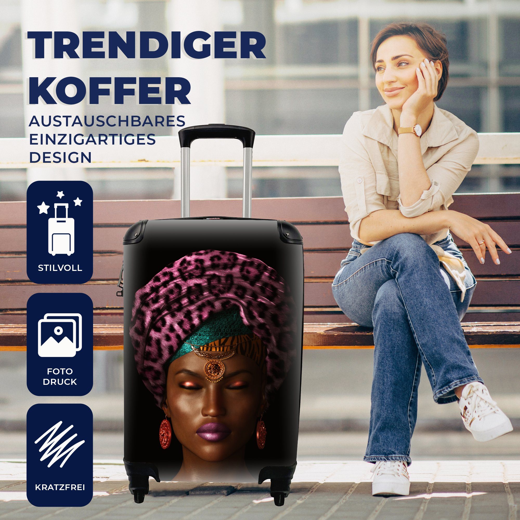 Handgepäck Reisetasche - Frau - 4 Farbe Trolley, mit Handgepäckkoffer Kopftuch, rollen, für Rollen, MuchoWow Ferien, Reisekoffer
