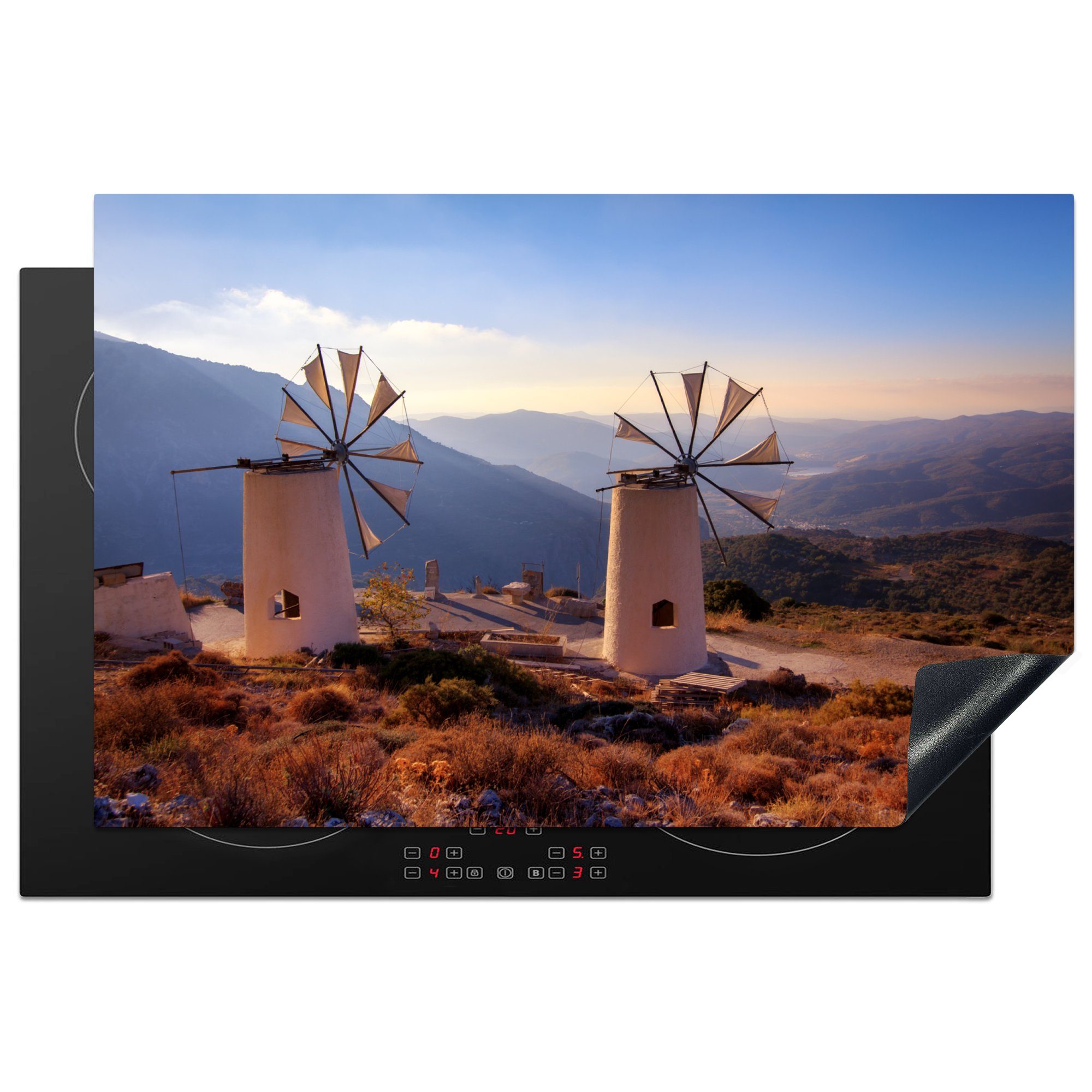 MuchoWow Herdblende-/Abdeckplatte Windmühle - Kreta - Griechenland, Vinyl, (1 tlg), 81x52 cm, Induktionskochfeld Schutz für die küche, Ceranfeldabdeckung
