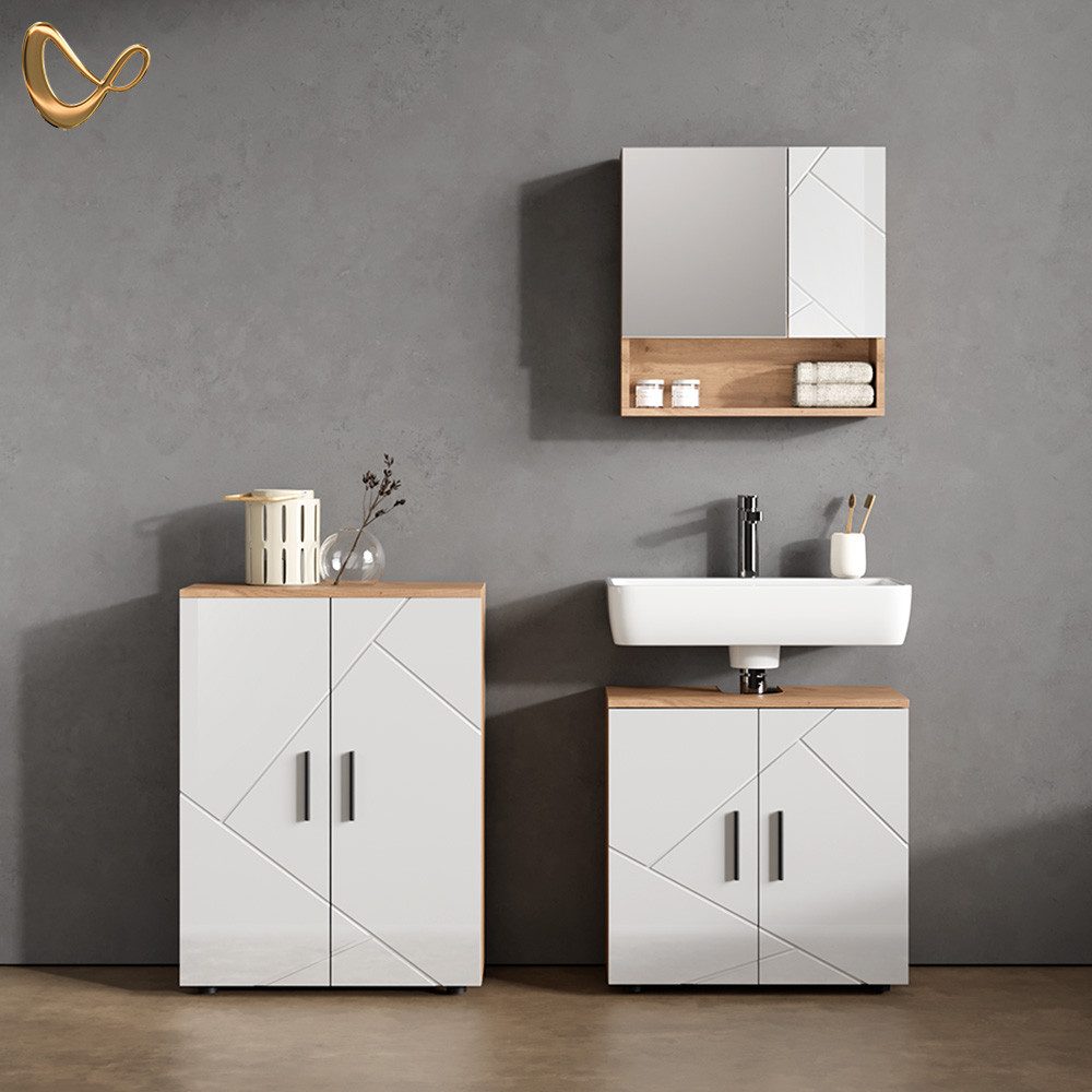 Livinity® Badmöbel-Set Ronco, Weiß Hochglanz/Goldkraft Eiche/Goldkraft günstig online kaufen