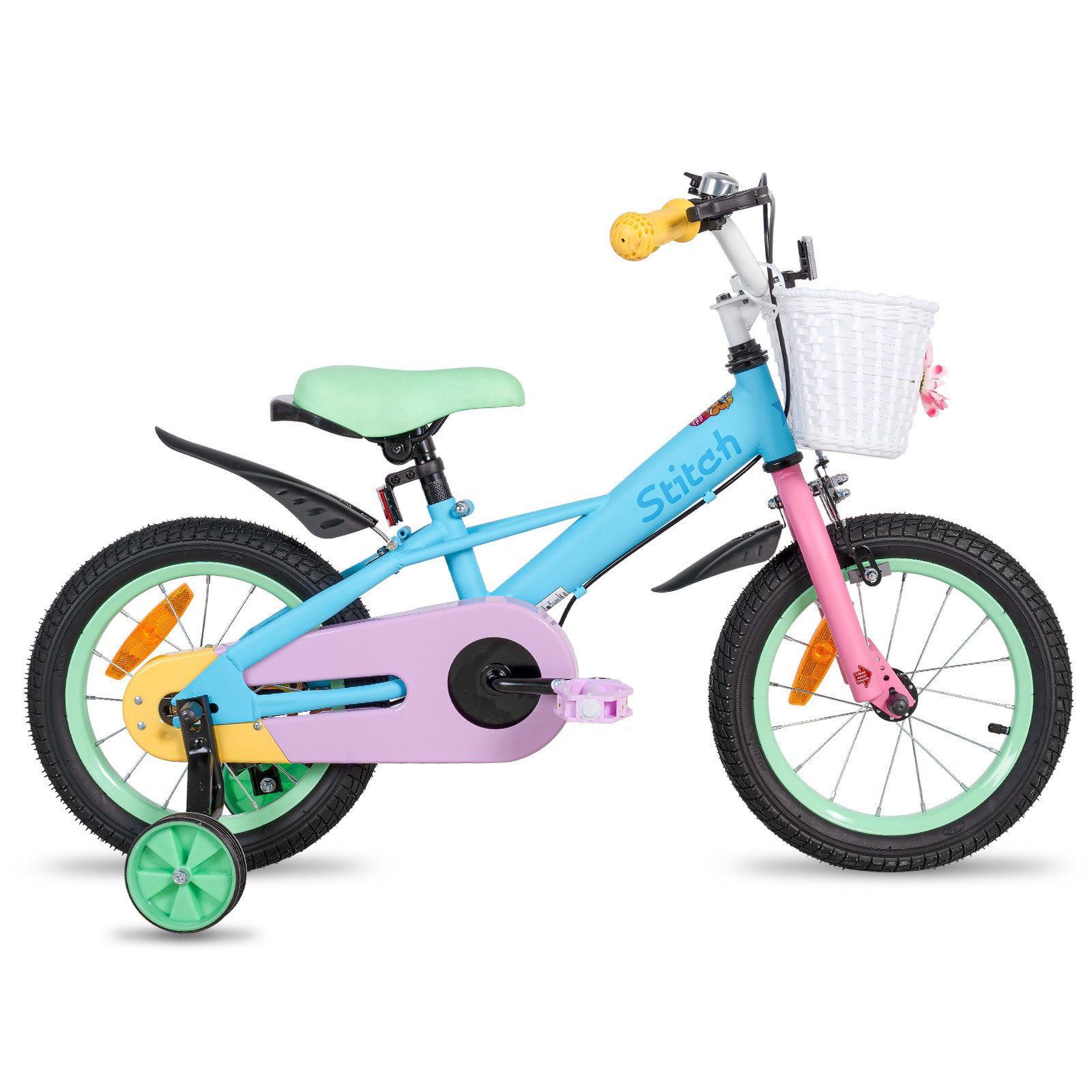 JOYSTAR Kinderfahrrad Macarons 12 14 16 18 Zoll fahrrad für 2-9 jährige Mädchen & Jungen, mit Korb,Stützrädern, Kotflügel, Korb, Fahrradklingel, Reflektorplatte