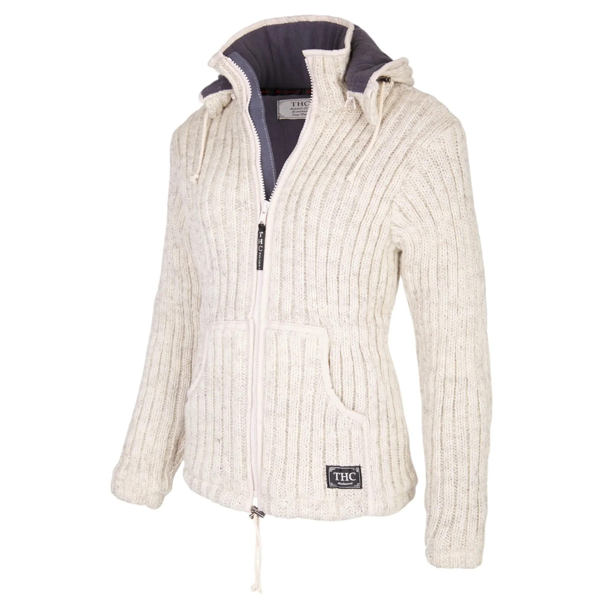 THC Natural Line Strickjacke THC Schafwollstrickjacke gerippt weiß 713 (1 Stück, 1-tlg., 1 Stück) Strickjacke mit abnehmbarer Kapuze