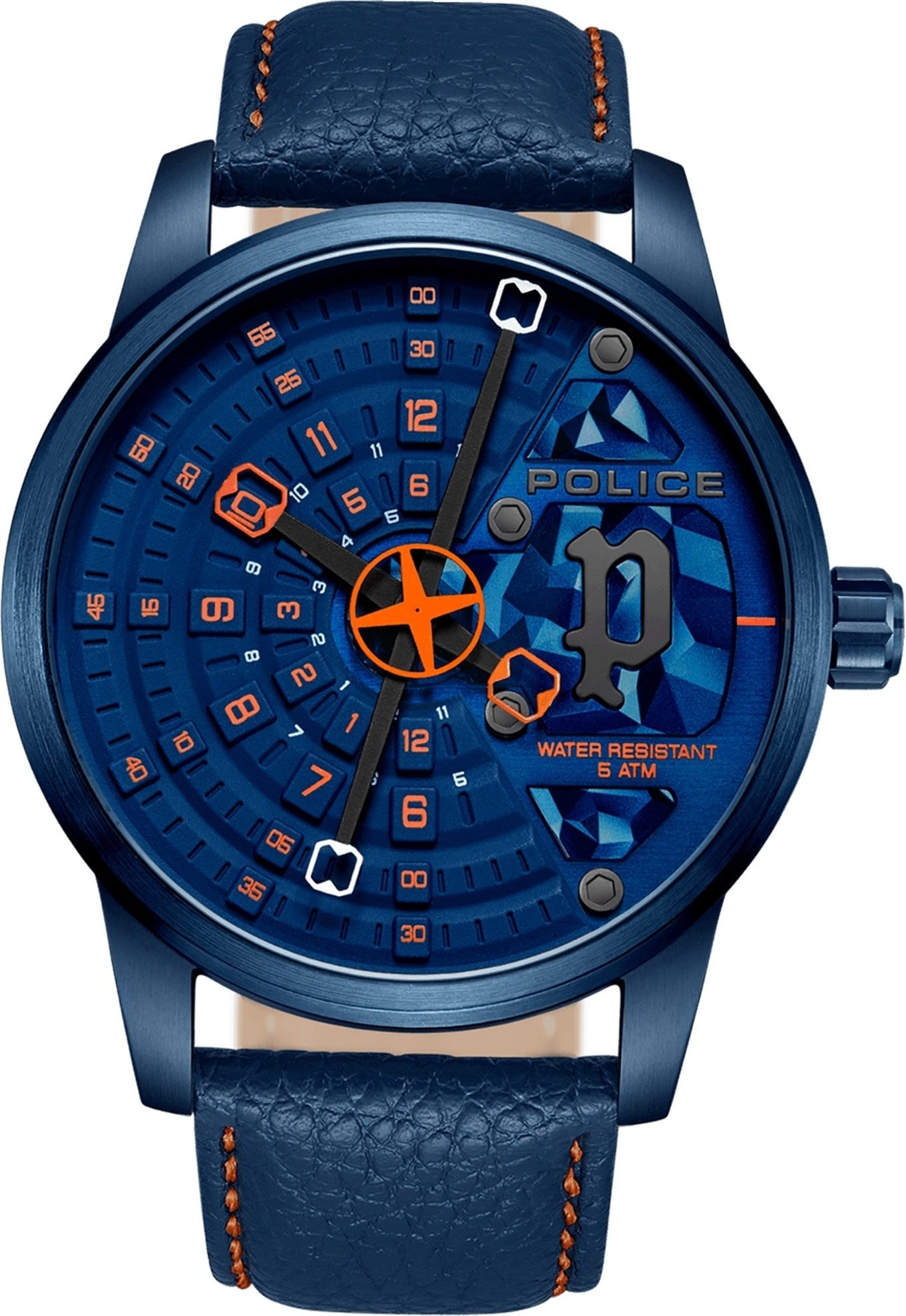 Police Quarzuhr Police Herrenuhr Leder blau orange, (Analoguhr), Herrenuhr rund, extra groß (ca. 46x54,5mm) Lederarmband