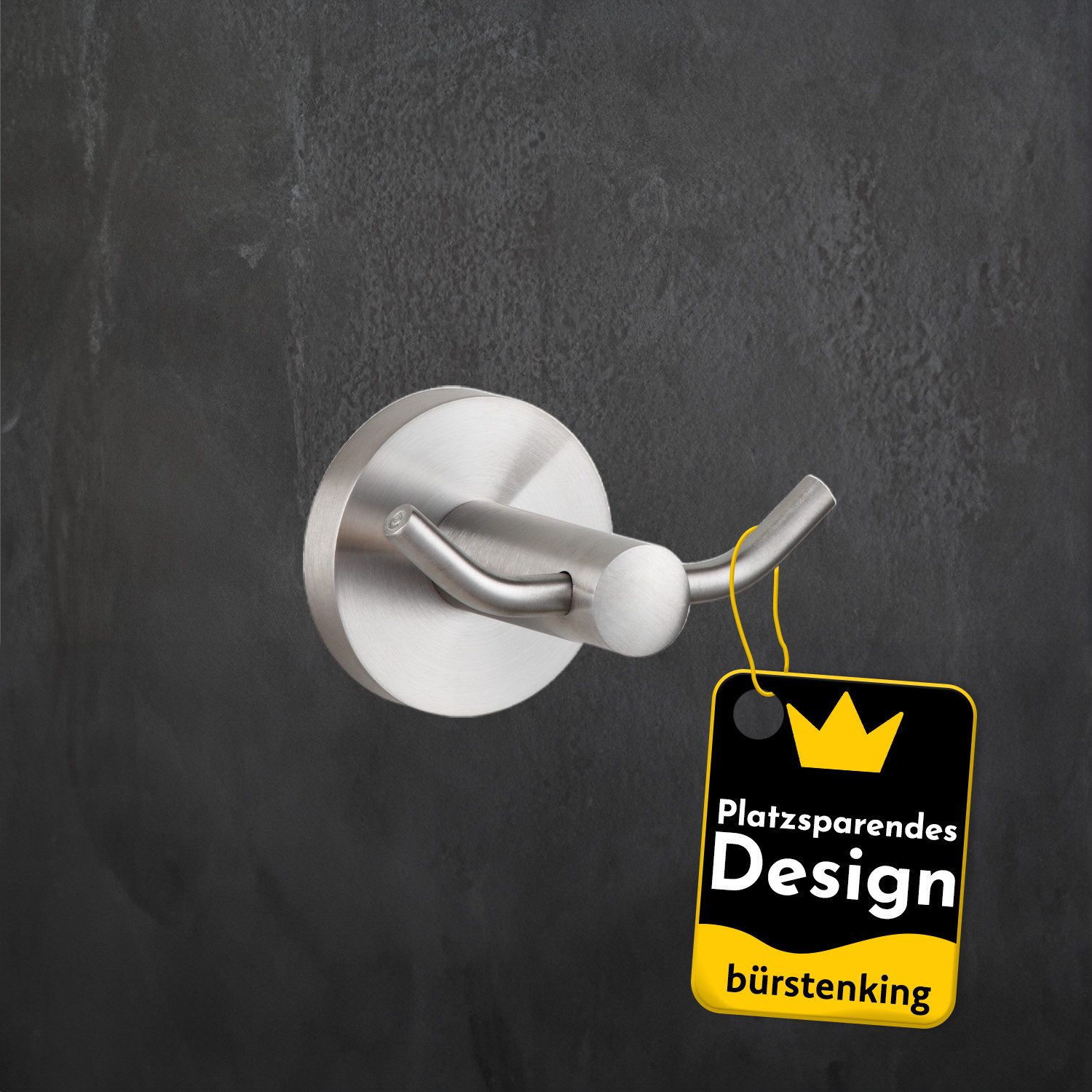 Bürstenking Handtuchhalter Handtuchhaken 2-fach Edelstahl - gebürstet, Wandmontage, Serie 190, Rostfrei, platzsparend, langlebig