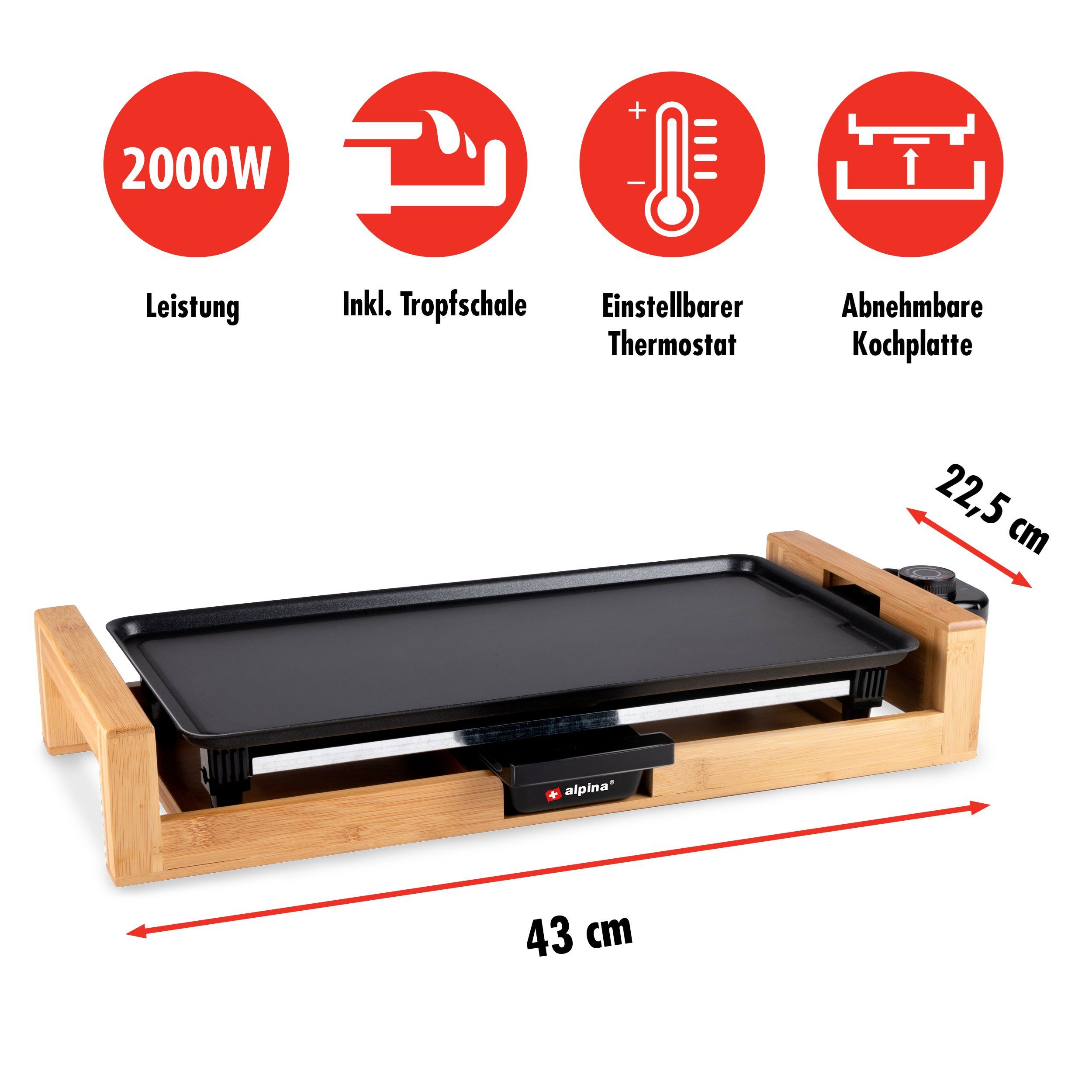 Alpina Grillplatte alpina Tischgrill 2000W, 43 x 22,5 CM – Bild 2 von 5