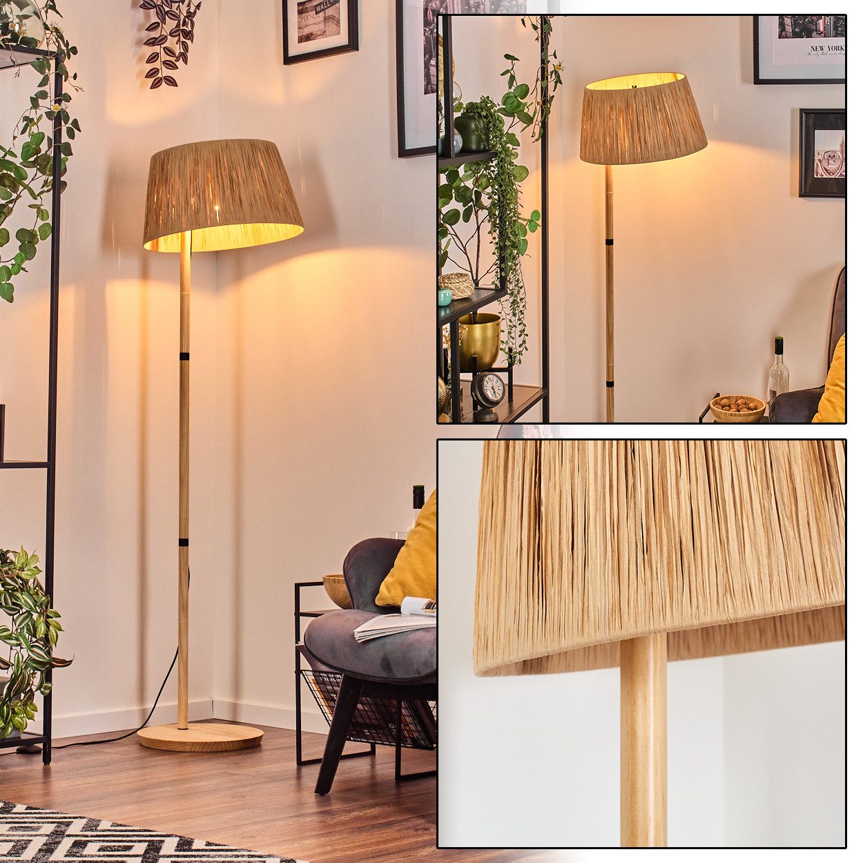 Stehlampe Stehlampe mit Holzfuß und Schirm aus Bast