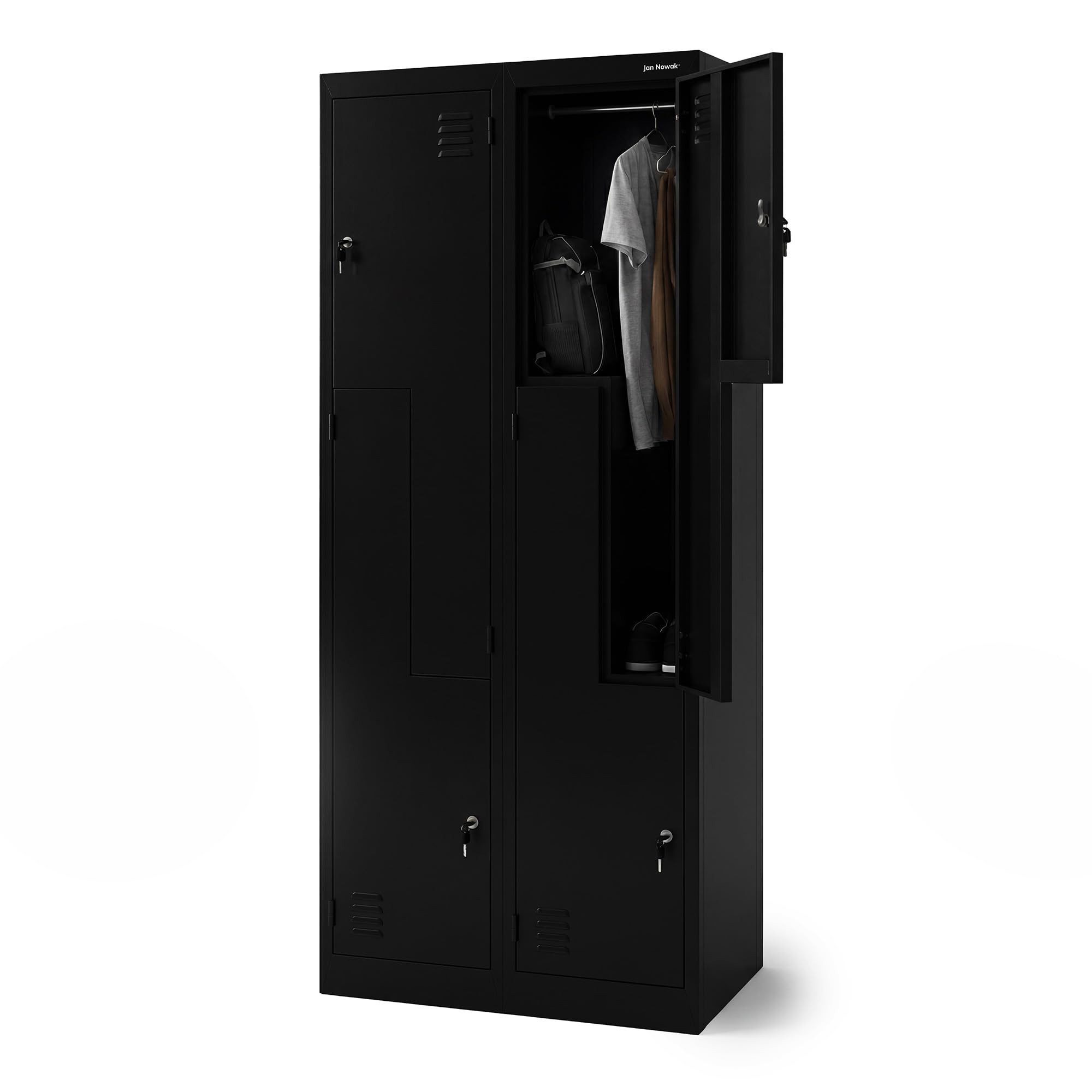 Jan Nowak Mehrzweckschrank Metall Kleiderspind 80 cm JULIA L-Form 4 Fächer abschließbar (Garderobenschrank Spind Umkleide Arbeitsraum Fitness Sozialraum, 0,6 mm 185 x 80 x 45 cm Lüftungsschlitze Wandmontage Stahl) Zylinderschloss je Fach robust langlebig 13 Farben
