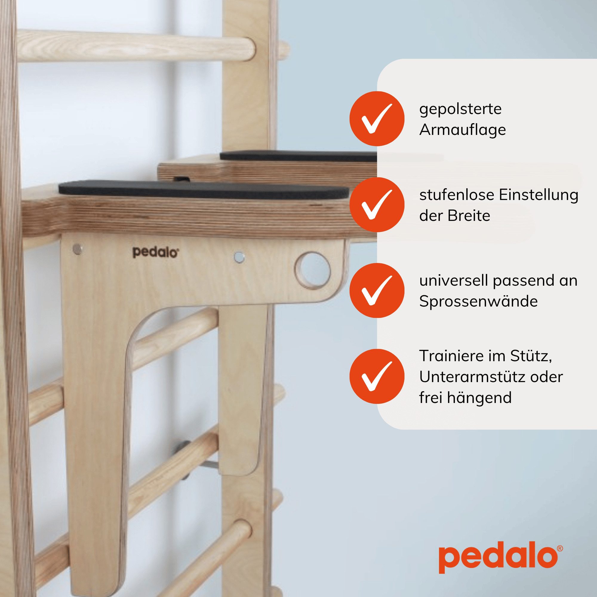 pedalo® Kletter-Trainingsgerät Dip-Bügel Sprossenwand I Dip Bar I Power Bars I Push Up Bars (2-tlg., 1 Paar Bügel mit Unterarmauflage), Universell passend, werkzeug- & stufenlos, gepolsterte Armauflage