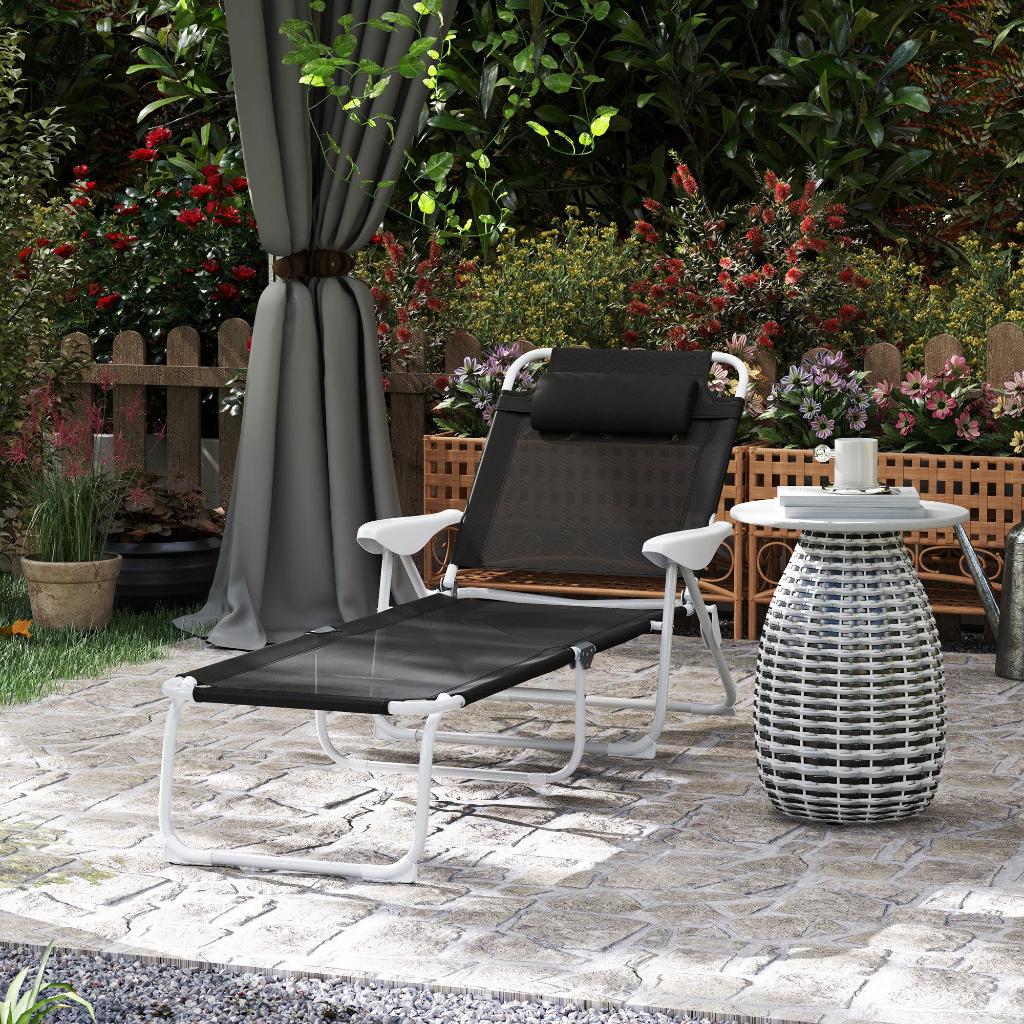 Outsunny Gartenliege Campingliege Gartenstuhl mit Kopfkissen, verstellbare Rückenlehne, Liegestuhl, 1 St., Sonnenliege, bis 120 kg belastbar, für Garten Outdoor Strand Schwarz
