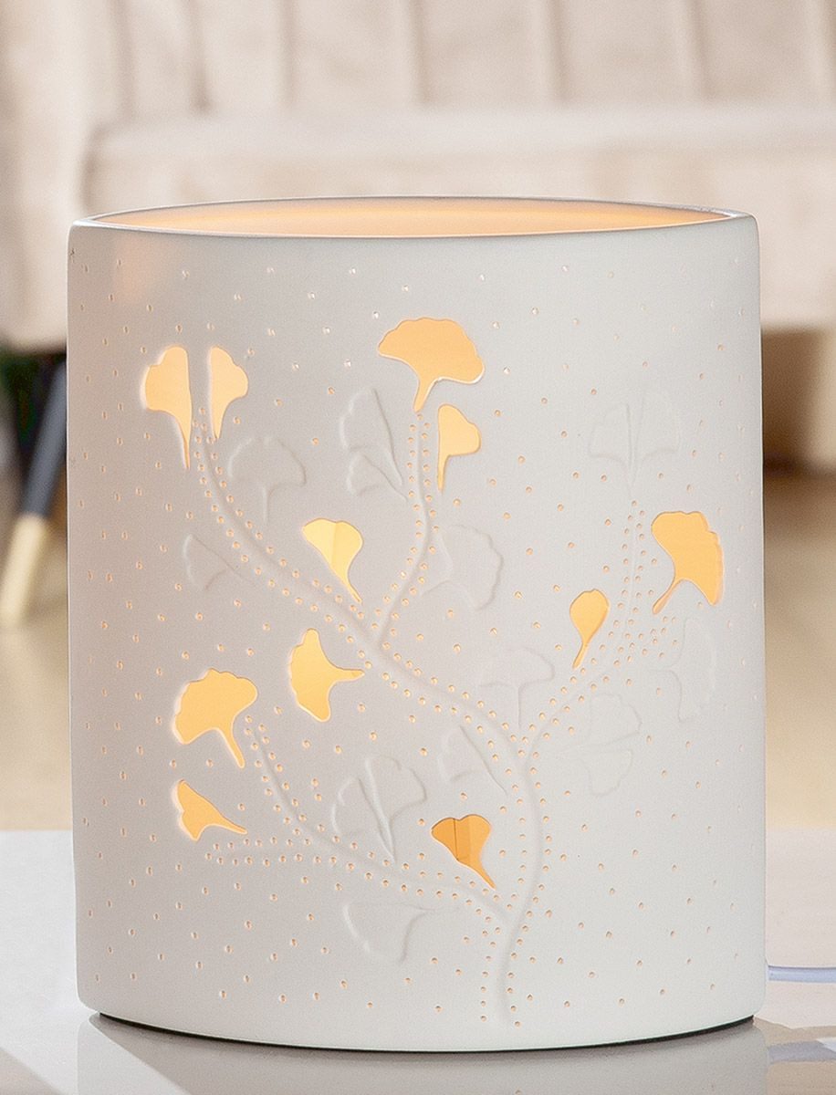 GILDE Tischleuchte Tischleuchte Ginkgo – Elegantes Lichtspiel aus Porzellan