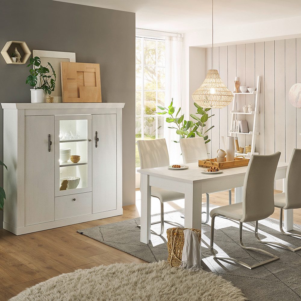Lomadox Esszimmer-Set RAPLA-61, (Spar-Set, 2-St., Highboard Esstisch), mit LED-Beleuchtung, Pinie weiß, Landhaus-Stil
