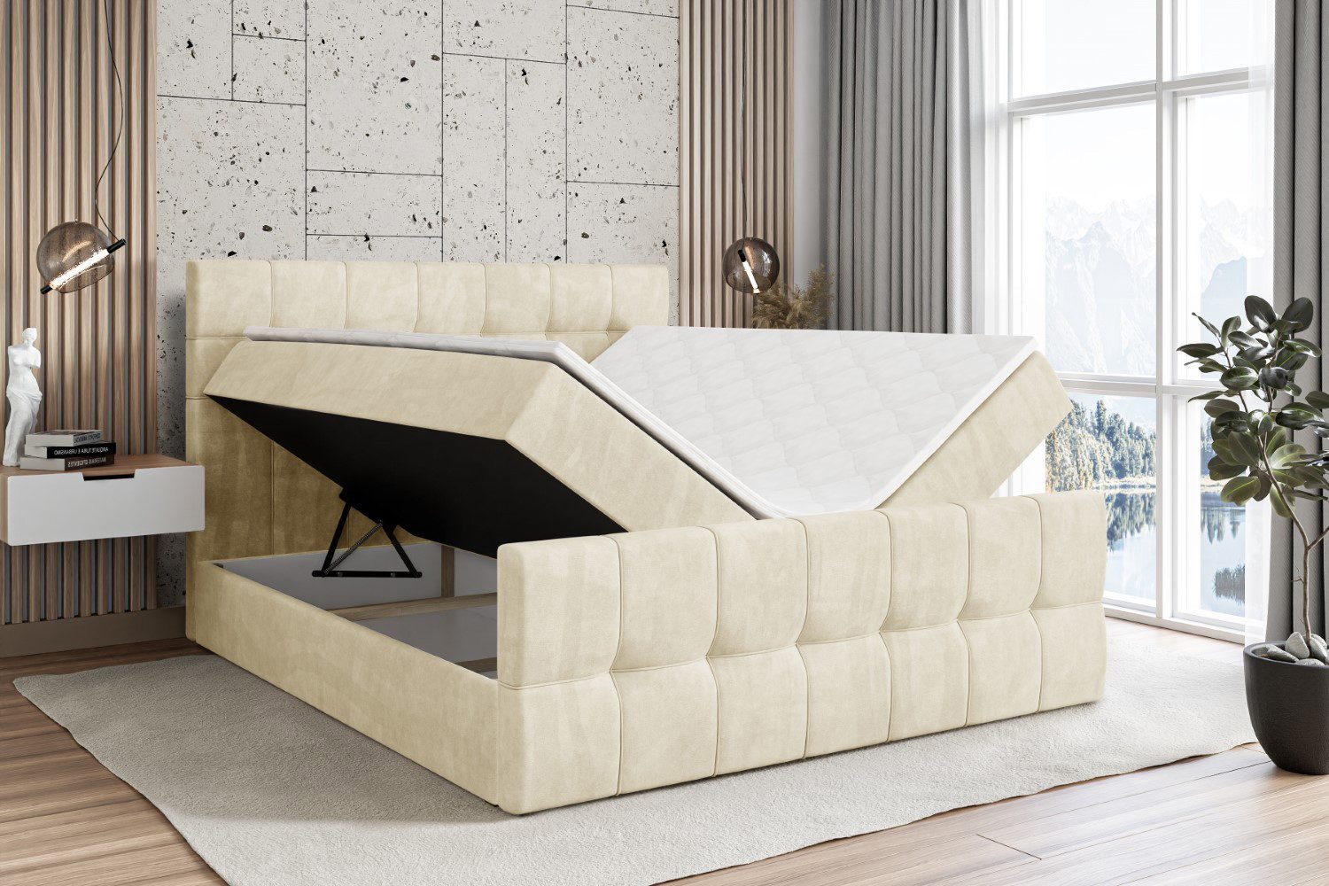 ALTDECOR Boxbett BERO-Z (mit Matratze Lattenrost Topper Polsterbett mit Bettkasten Doppelbett), H4 Multipocket / H3 Bonellfederung, Springboxbett Boxspringbett
