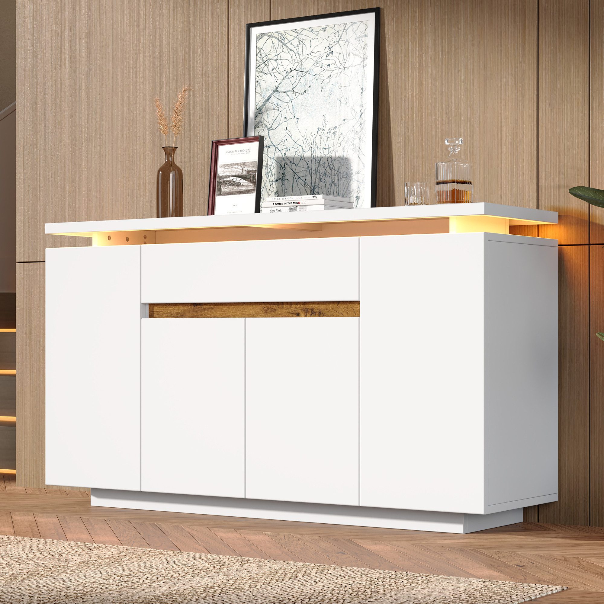 Merax Sideboard Kommode mit LED-Beleuchtung, 1 Schublade, 4 Türen (1 St., Viel Stauraum für Wohnzimmer, Flur oder Küche), Anrichte, 140 x 40 x 80 cm