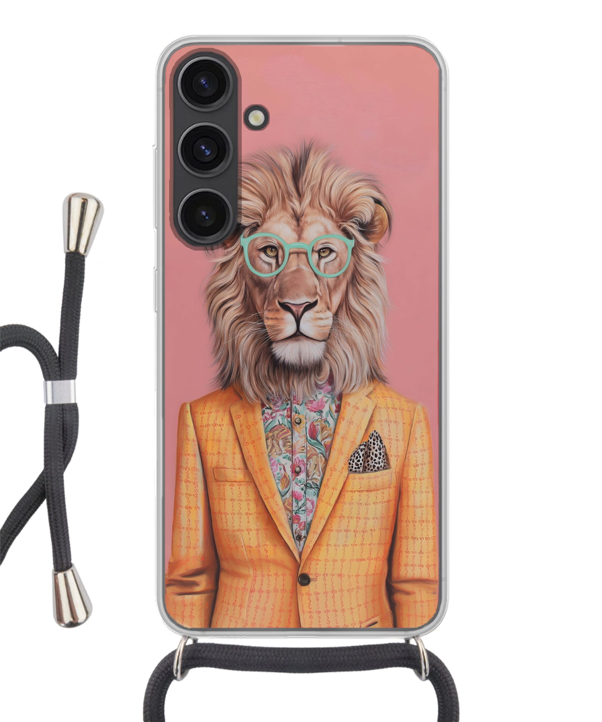 MuchoWow Handyhülle für Samsung Galaxy S24 Plus Löwe - Anzug - Kariert - Brille, Tragbare Handyhüllen mit Kette zum umhängen, Handykette Handyband
