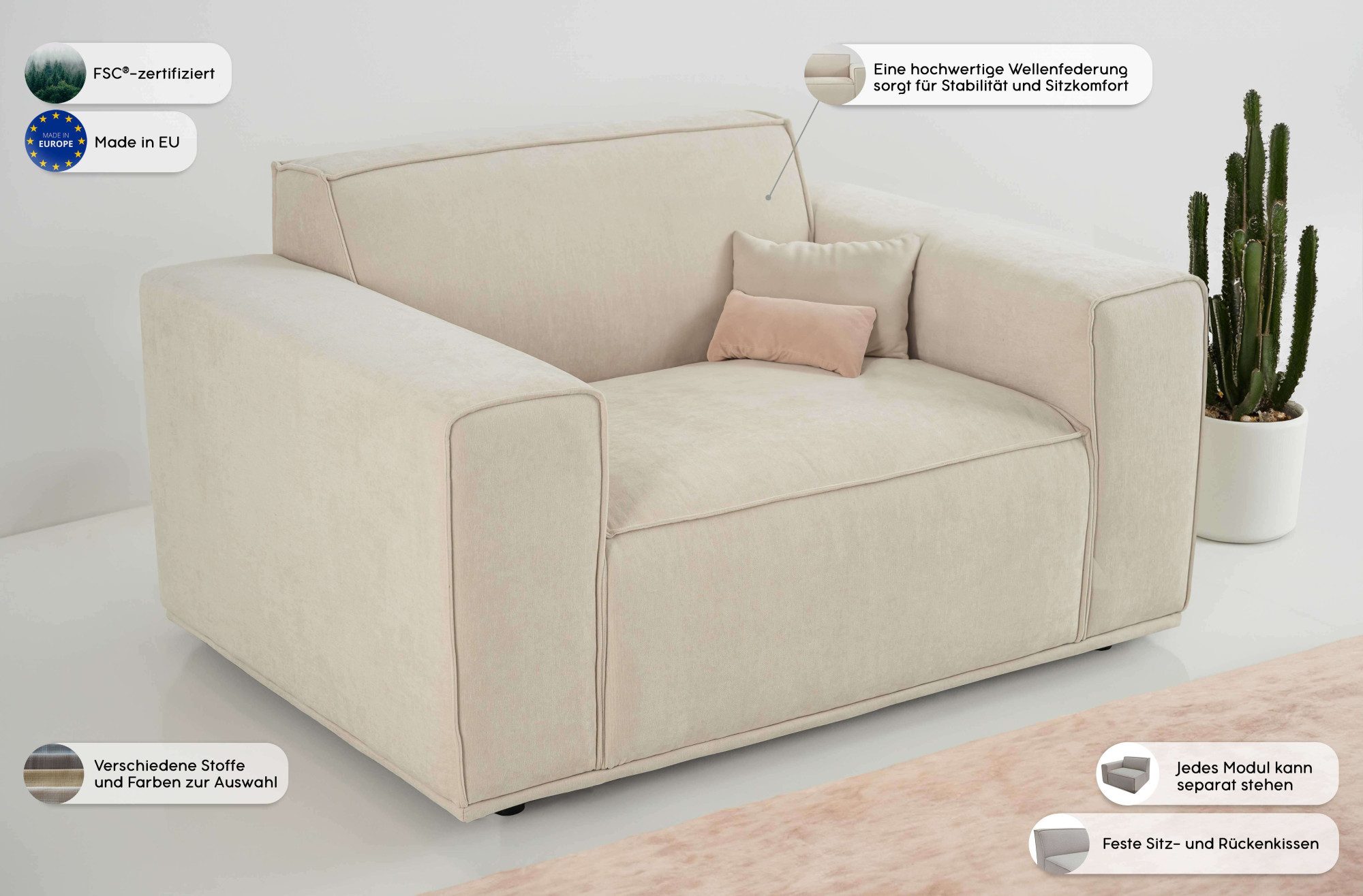 Home affaire Loveseat Avelin, 1.5 Sitzer, 140 cm, Chenille, Struktur-Boucle, mit Wellenunterfederung, Kedernaht, bodentief, Skandi-Design