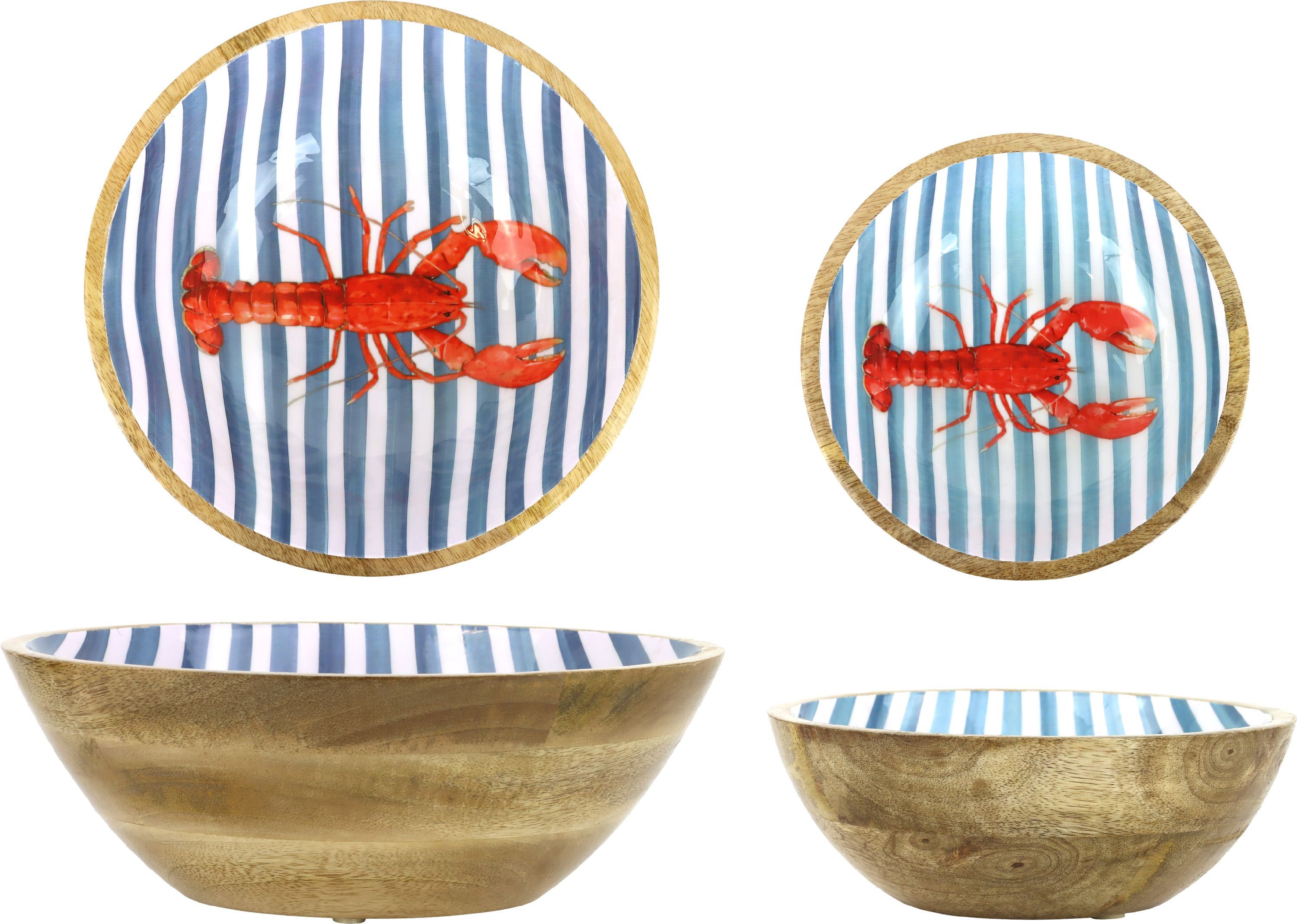FURNARO Dekoschale (2-tlg. Schalenset), Mangoholz mit blau-weißen Streifen und rotem Hummermotiv