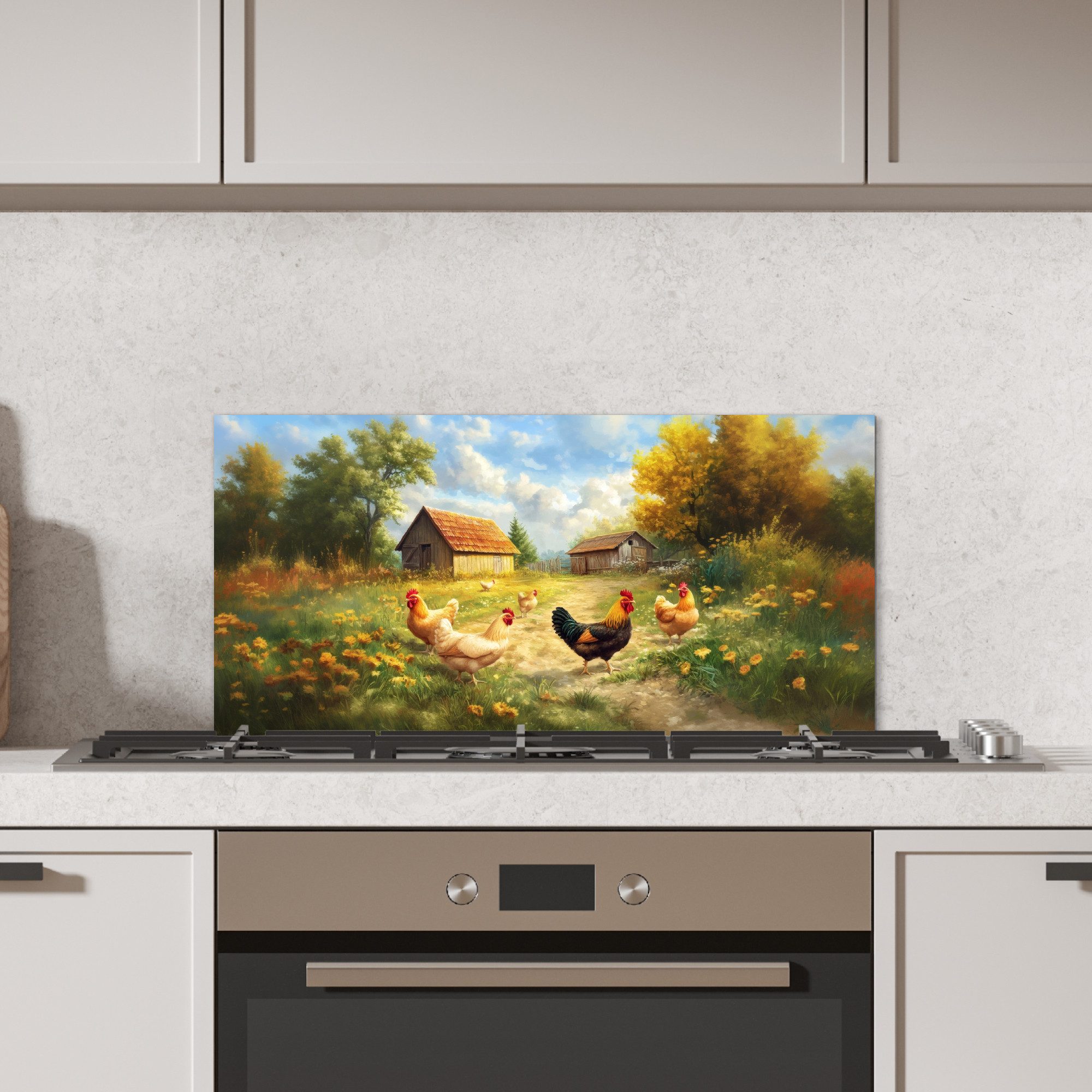 MuchoWow Küchenrückwand Hühner - Ländliche Beschaulichkeit - Natur, (1-tlg) günstig online kaufen