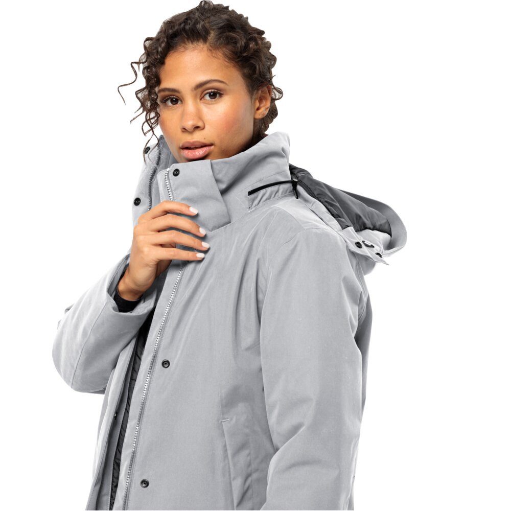 Jack Wolfskin Wintermantel Salier Coat (abnehmbare Kapuze, wasser- und winddicht) hellgrau Damen