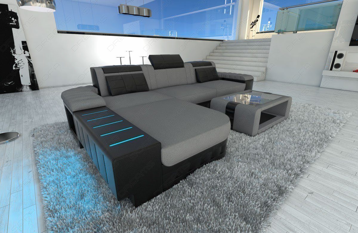 Form Sofa Stoff C76 Designersofa L Bettfunktion mit Dreams Couch, als Stoffsofa Hellgrau-Schwarz Sofa wahlweise Ecksofa LED, Schlafsofa, Bellagio Polster mit