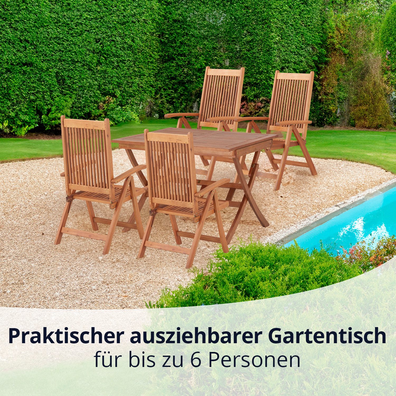 KHG Gartentisch Balkontisch 90x100 cm, ausziehbar auf 140 cm, bis 75 kg belastbar (Outdoor-Tisch mit Schirmloch), aus Eukalyptus-Holz, zum Schutz geölt, FSC-Zertifiziert