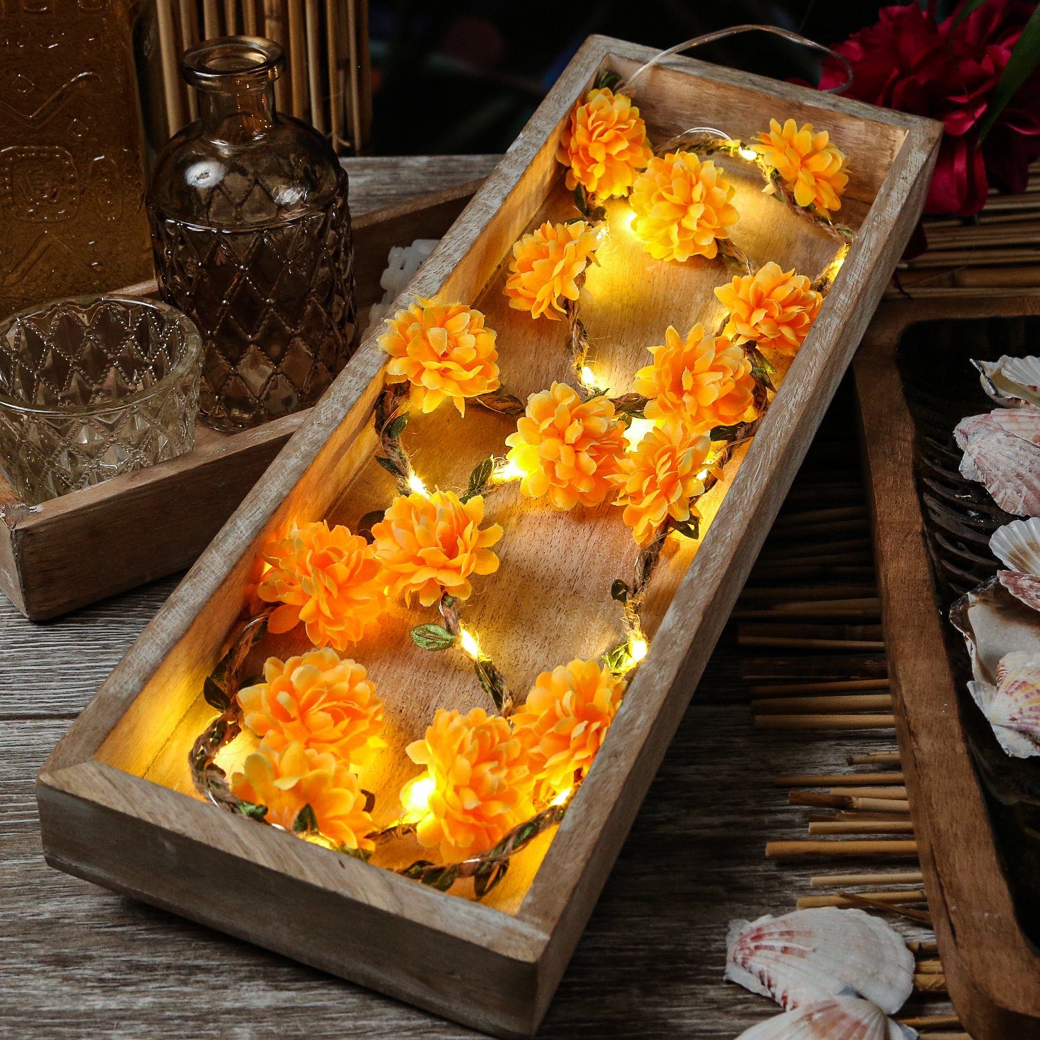 MARELIDA LED-Lichterkette »LED Lichterkette Blumen Deko Blumengirlande  Batterie Timer L: 1,45m Außen orange«, 20-flammig
